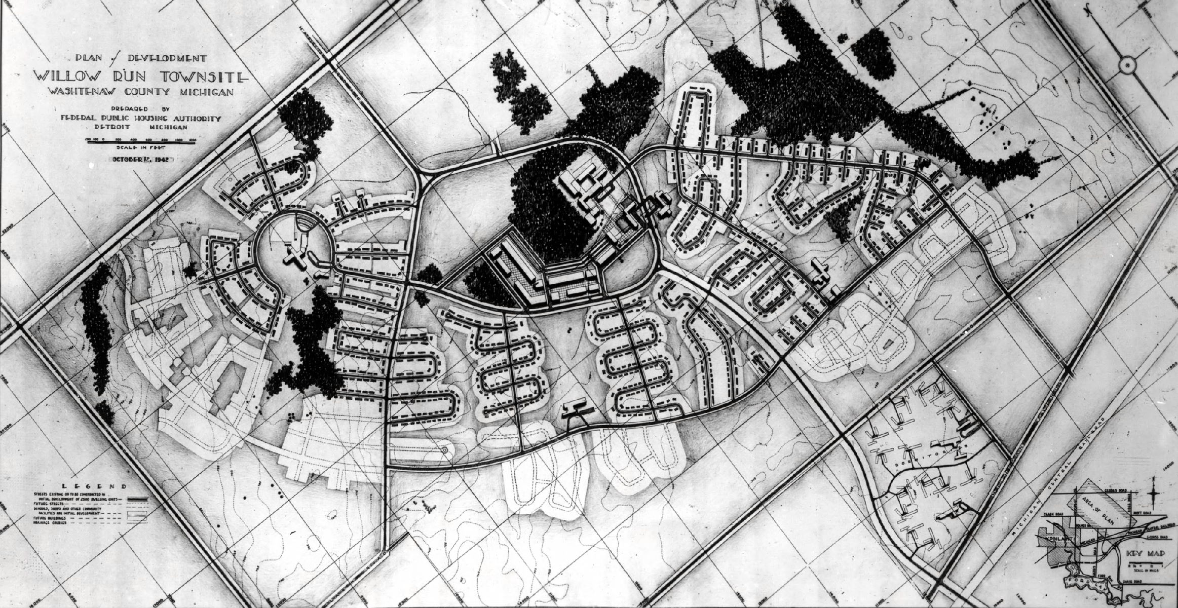 Louis I. Kahn. Project: Willow Run, Neighborhood III. Client: Union of Automobile Workers and the Federal Public Housing Authority. Site Plan. 1942. Louis I. Kahn Collection, Architectural Archives, University of Pennsylvania