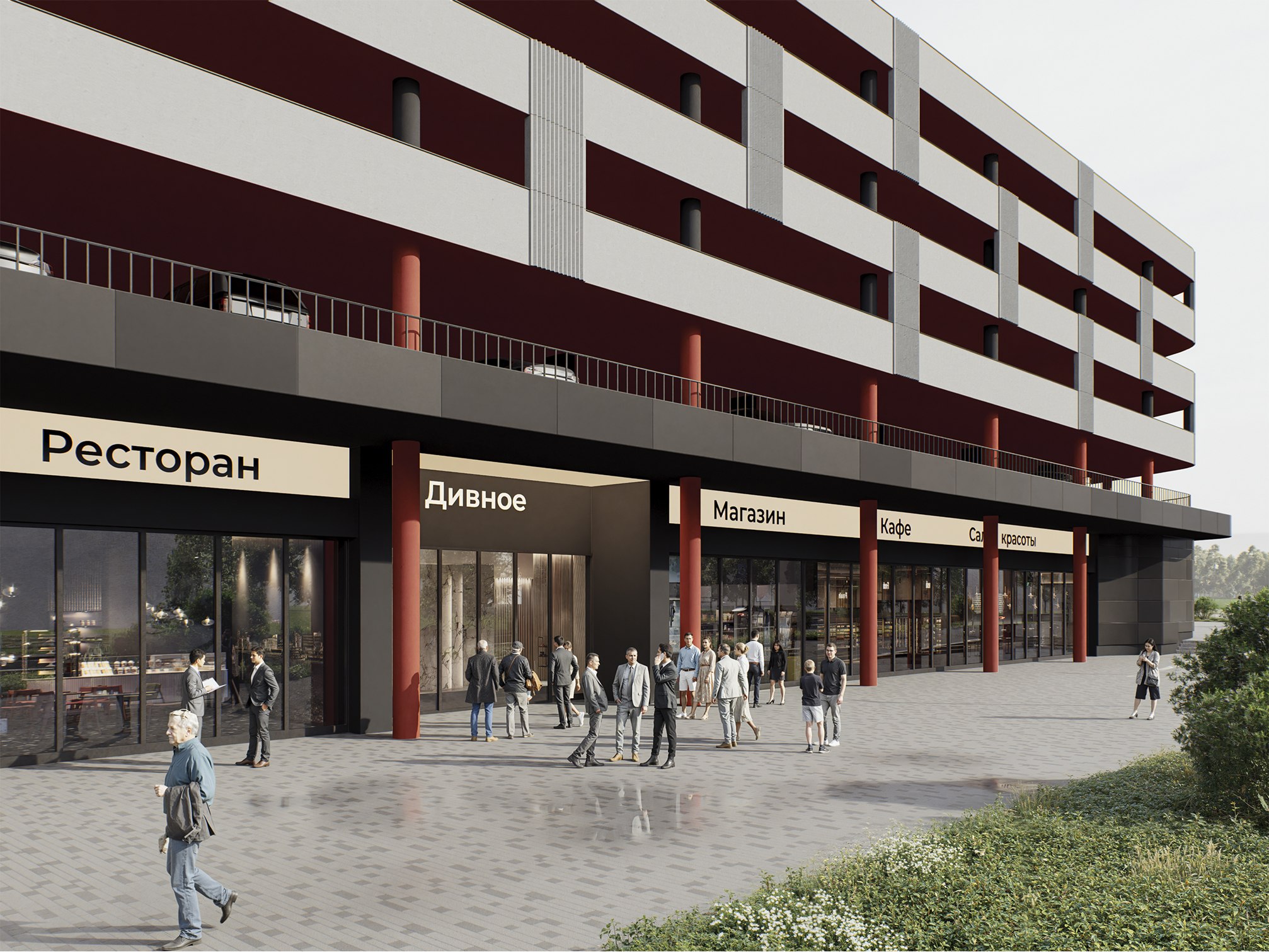 Многоуровневый гараж со встроенными торговыми помещениями, Ленинский г.о., д. Ближние Прудищи. © Сенаб Проект