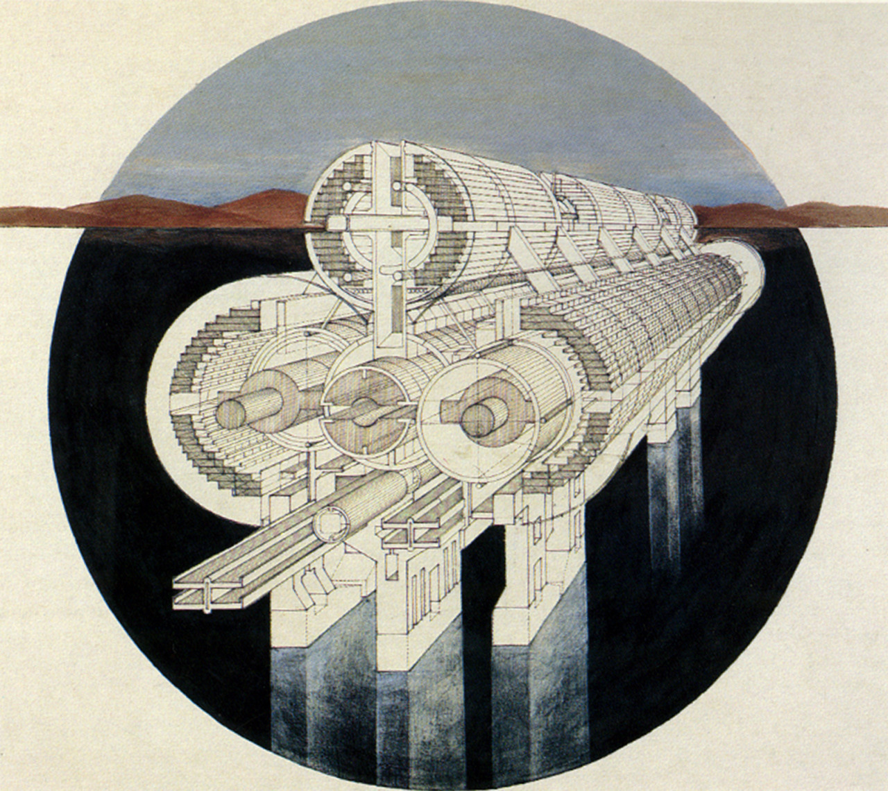 Raimund Abraham. Mega Bridge IV, perspective section, 1965