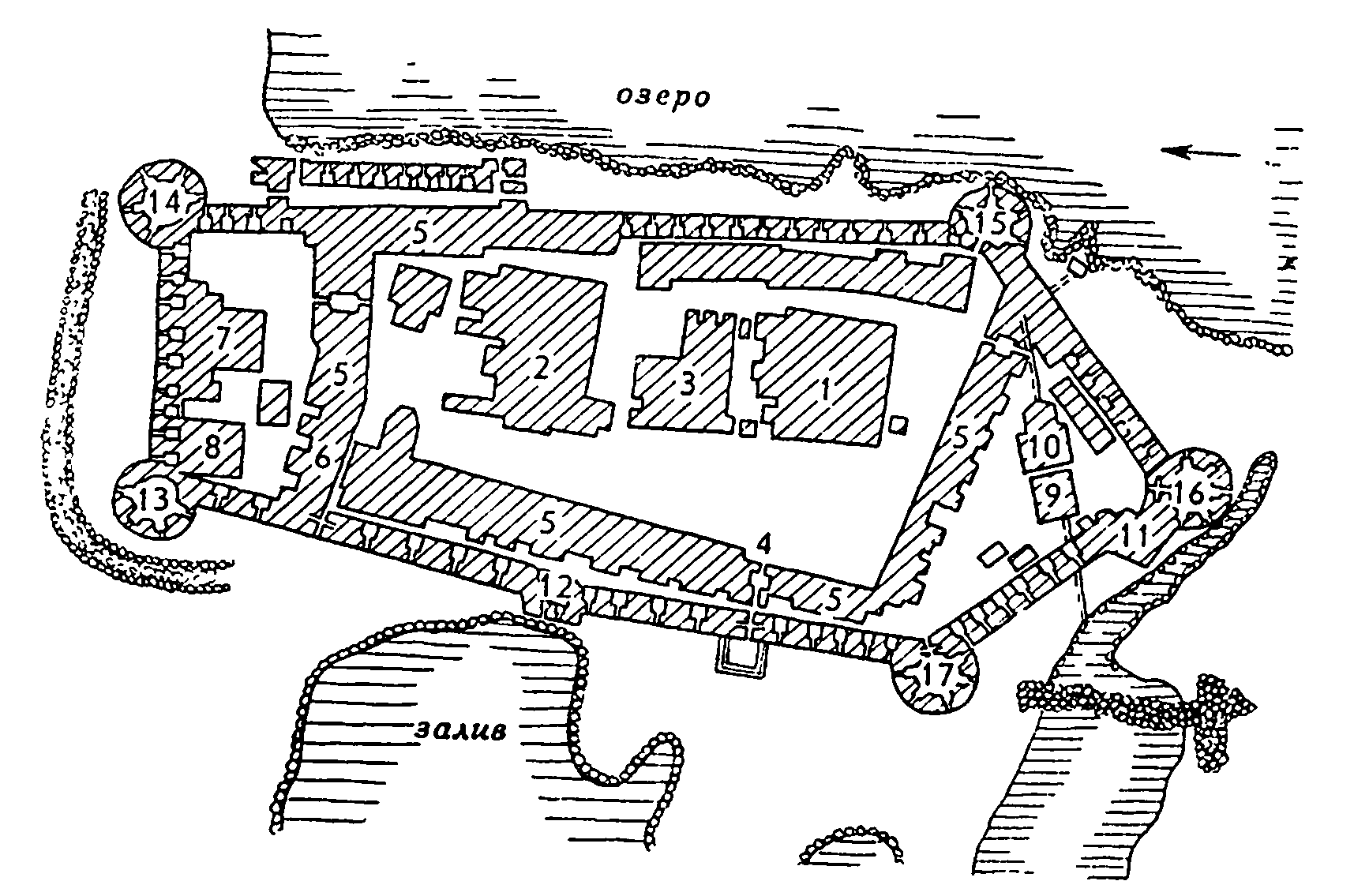 16. Соловецкий монастырь 1 — Преображенский собор; 2 — Успенский собор и трапезная; 3 — Никольская церковь; 4 — Святые ворота; 5 — кельи; 6 — пороховые погреба; 7 и 8 — мастерские палаты; 9 и 10 — мельница; 11 — сушило; 12—17 — башни