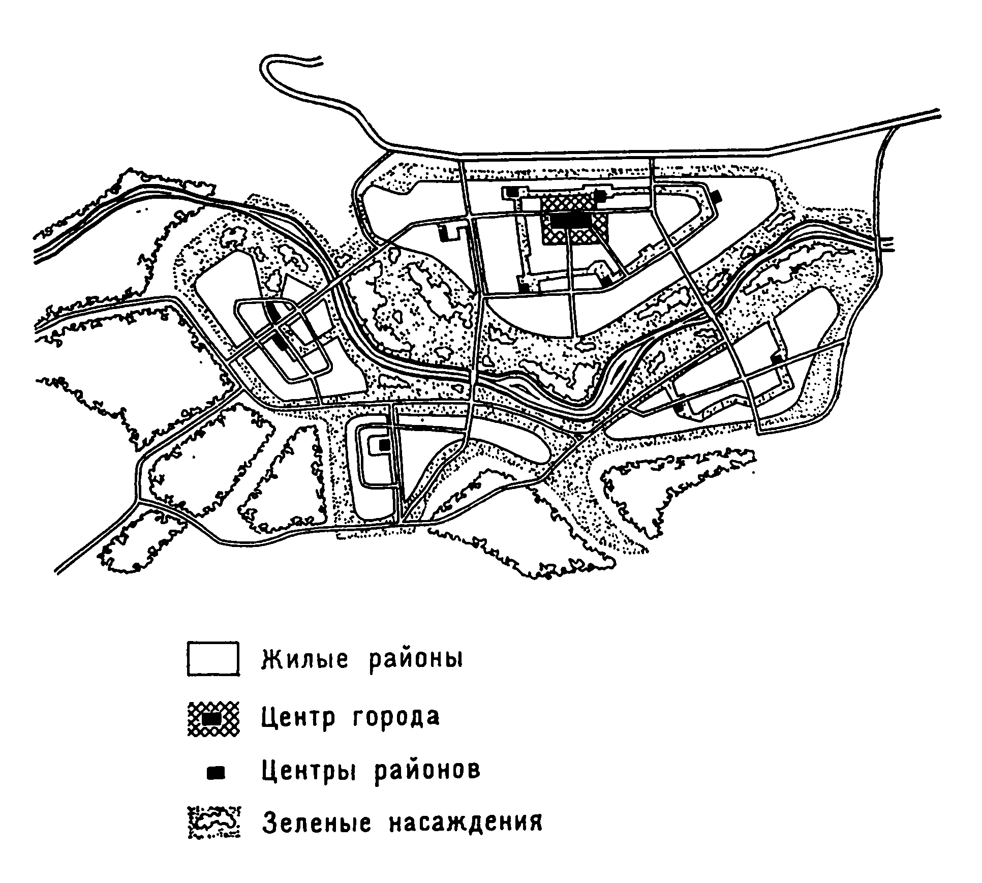 49. Рустави. Схема планировки города. Архитекторы Л. Кобаладзе, 3. и Н. Курдиани, Д. Меликишвили, М. Непринцев и др. Комсомольская улица. Застройка центральной площади