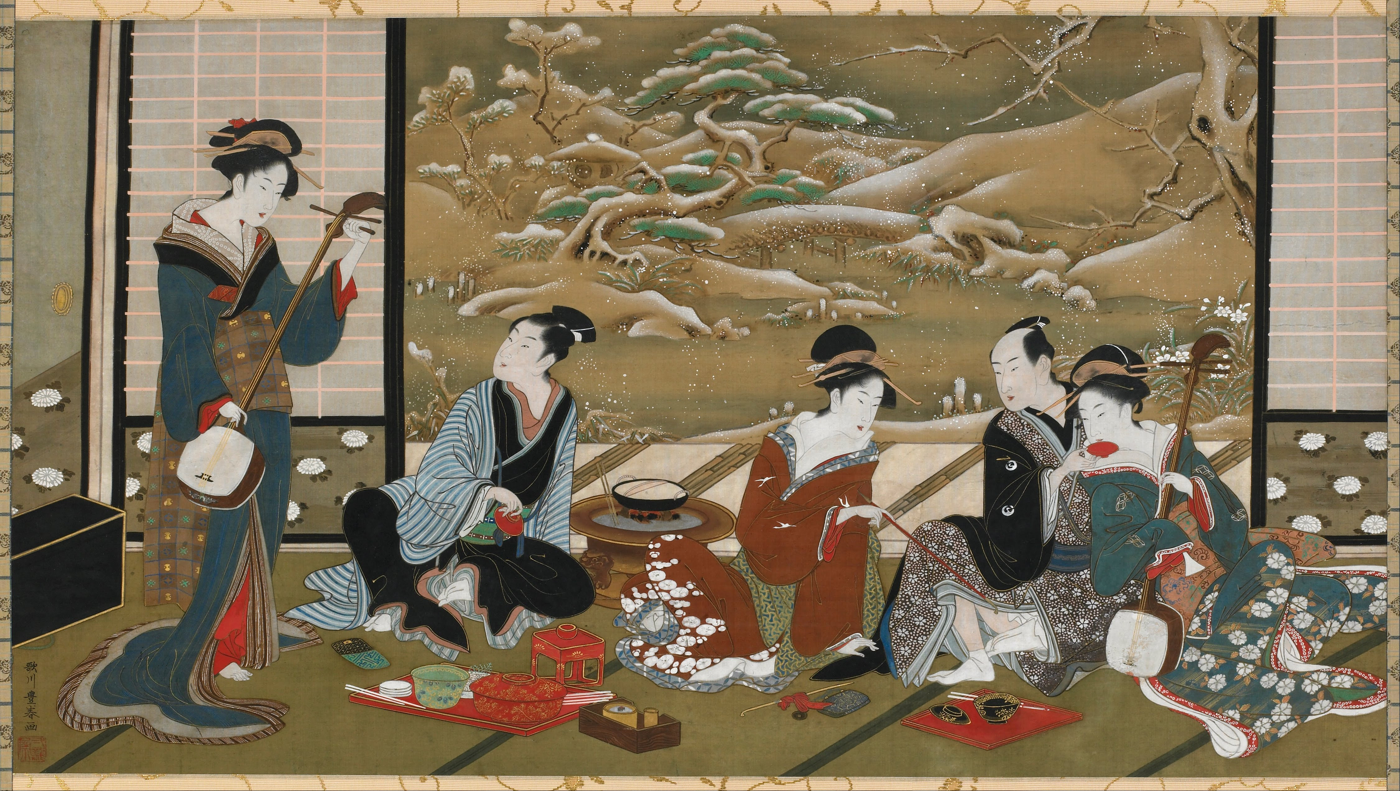 Утагава Тоёхару (Utagawa Toyoharu) (1735–1814). «Зимняя вечеринка». 529×966 мм. Роспись по шёлку