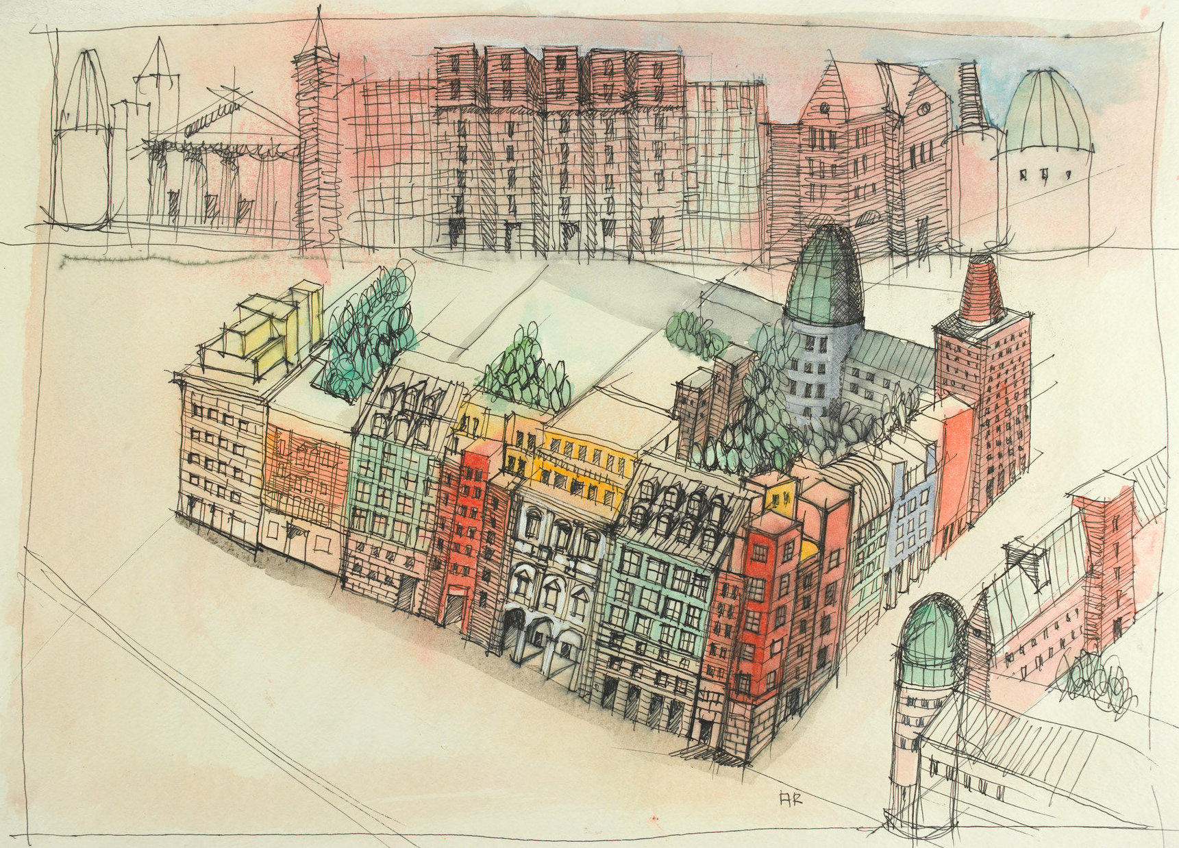 ©Eredi Aldo Rossi, courtesy Fondazione Aldo Rossi | Study for the block in Schützenstrasse/Berlin, 1993, Aquarell and ink on paper, 49.6 × 70.5 cm, private collection