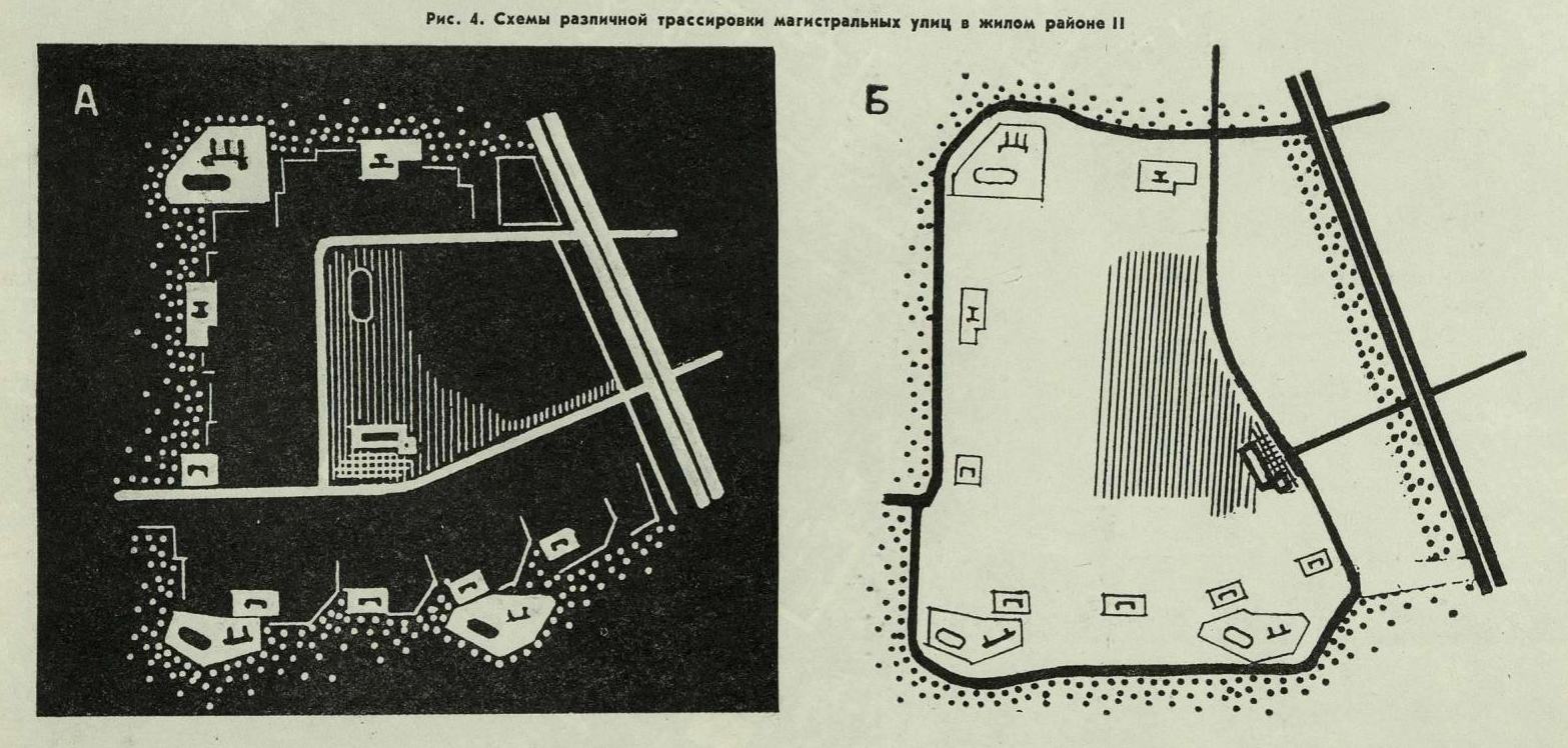 Рис. 4. Схемы различной трассировки магистральных улиц в жилом районе II