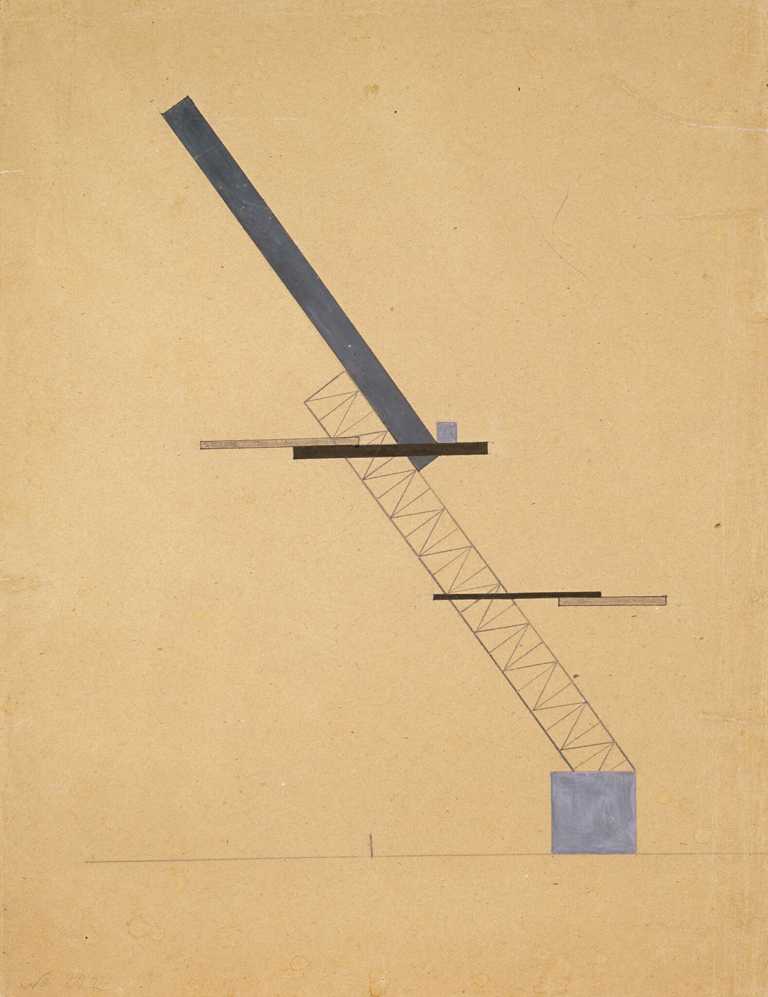 Чашник Илья (1902—1929). Проект трибуны для площади. 1920. 48,7 × 37,7 см. Материал: бумага серая. Техника: графитный карандаш, гуашь, тушь. Источник: Третьяковская галерея