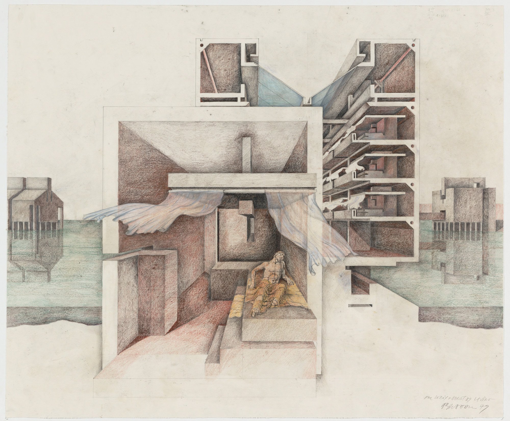 Raimund Abraham. Hospital: House of Hope, Houses of Birth, Houses of No Return, project, Venice, Italy, Sectional perspective. 1979