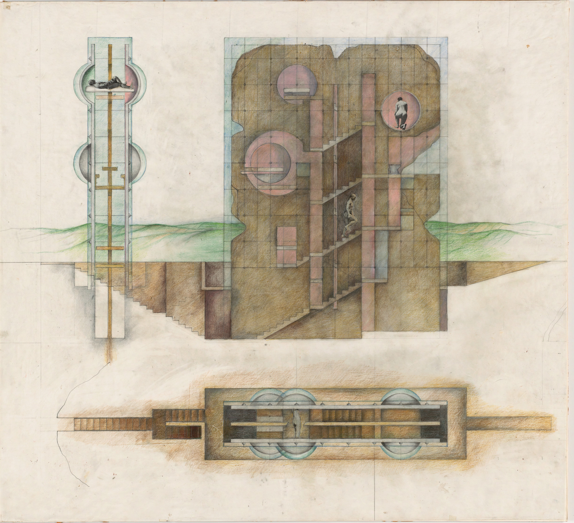 Raimund Abraham. The House without Rooms Project, Elevation and plan. 1974