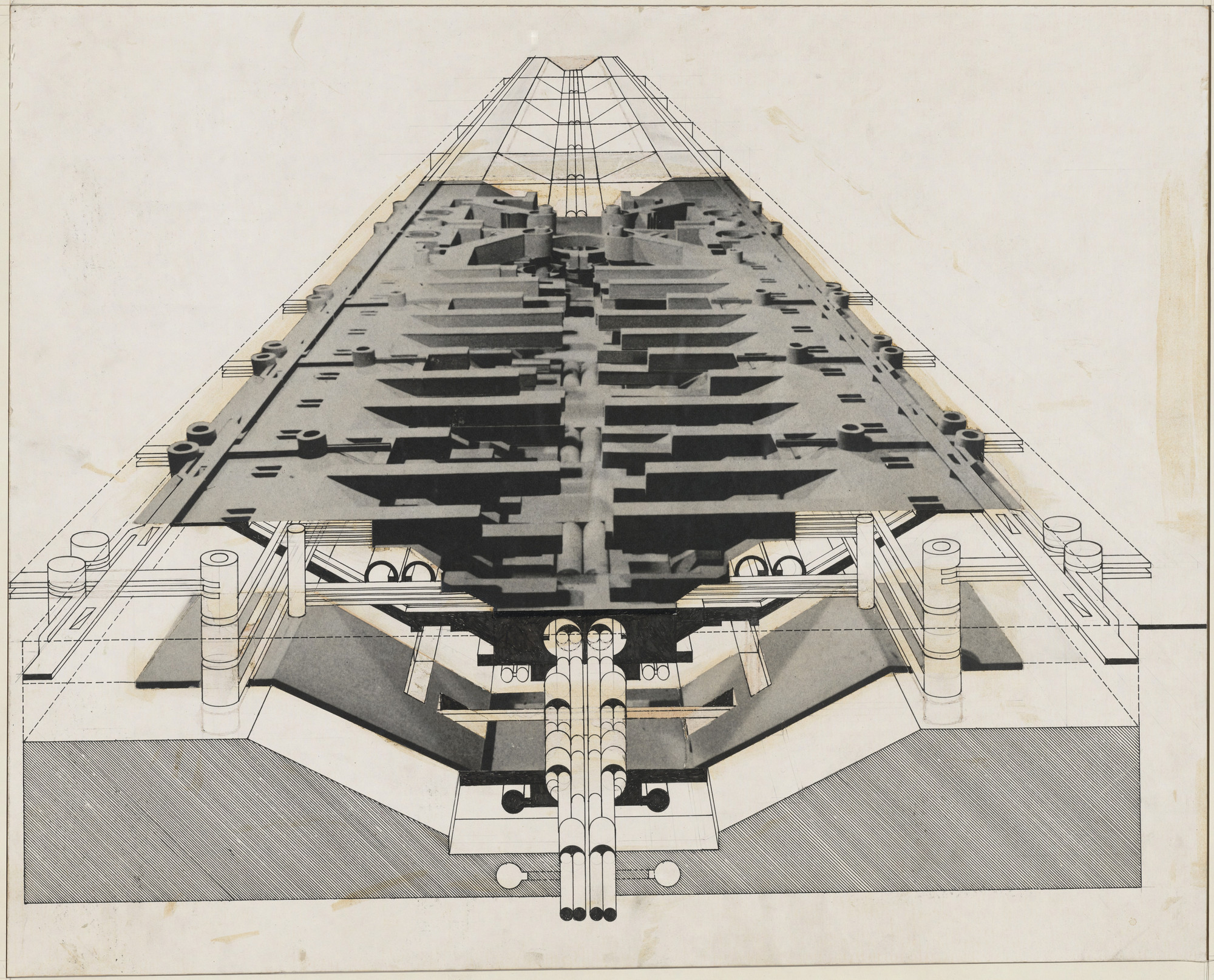 Raimund Abraham. Universal City, project, Sectional perspective. 1966