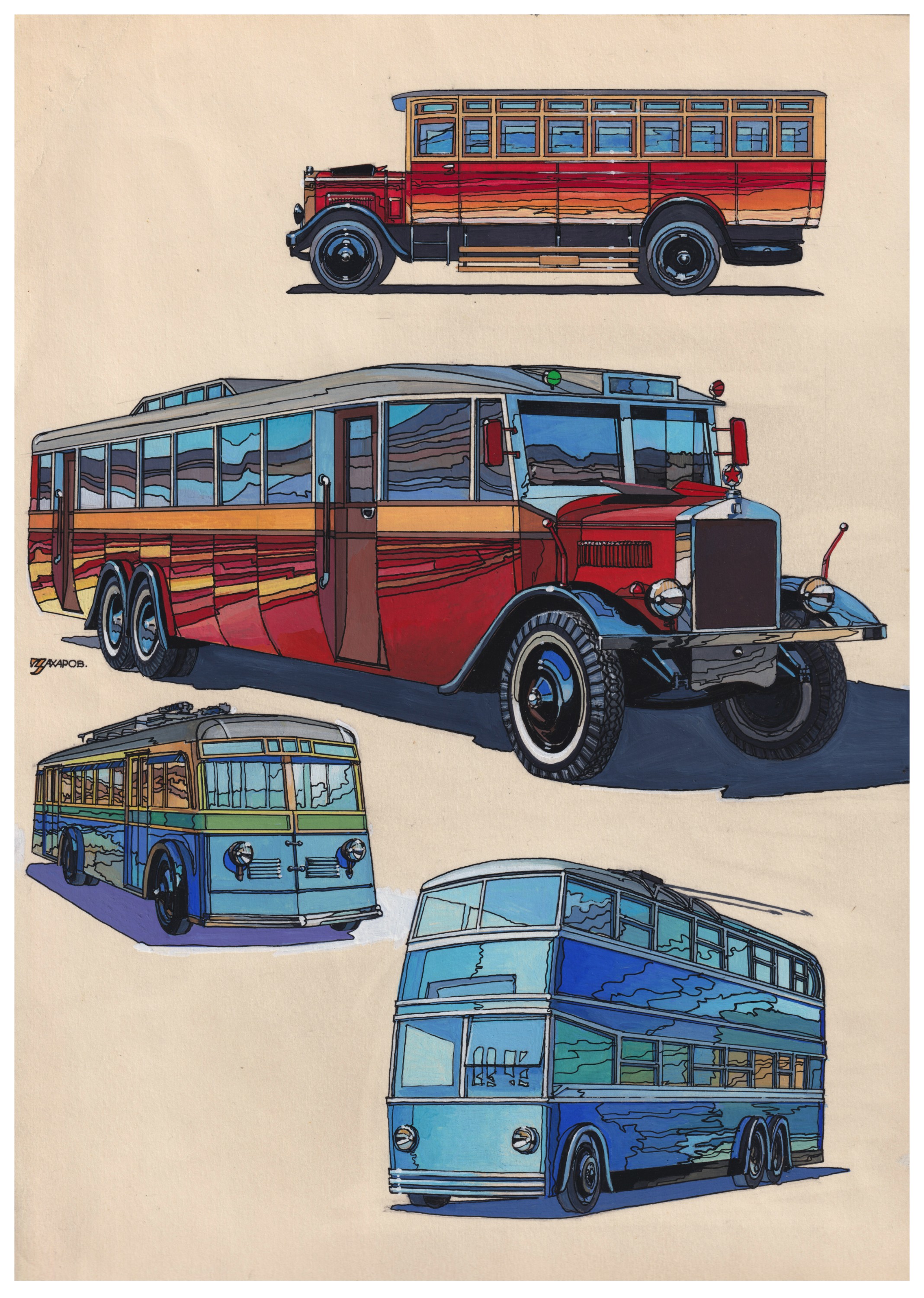 Рисунок А. Н. Захарова. Первый советский городской автобус и другие ранние модели общественного транспорта. Лот 17