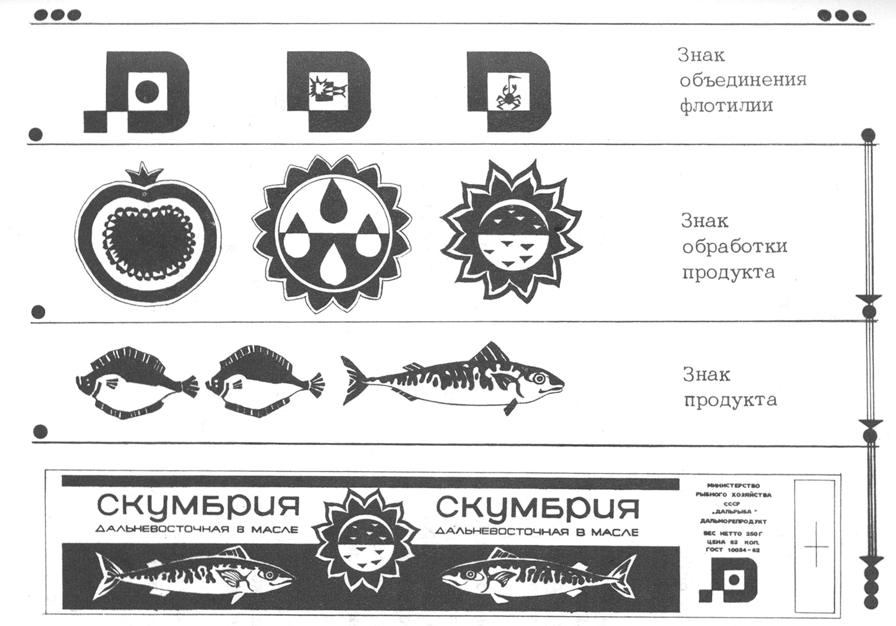 Рис. 5. Элементы фирменного стиля продукции, разрабатываемого для объединения „Дальрыба“. Авторы В. Артеменко, Д. Водопьянов, И. Шамрай; 1970 г.