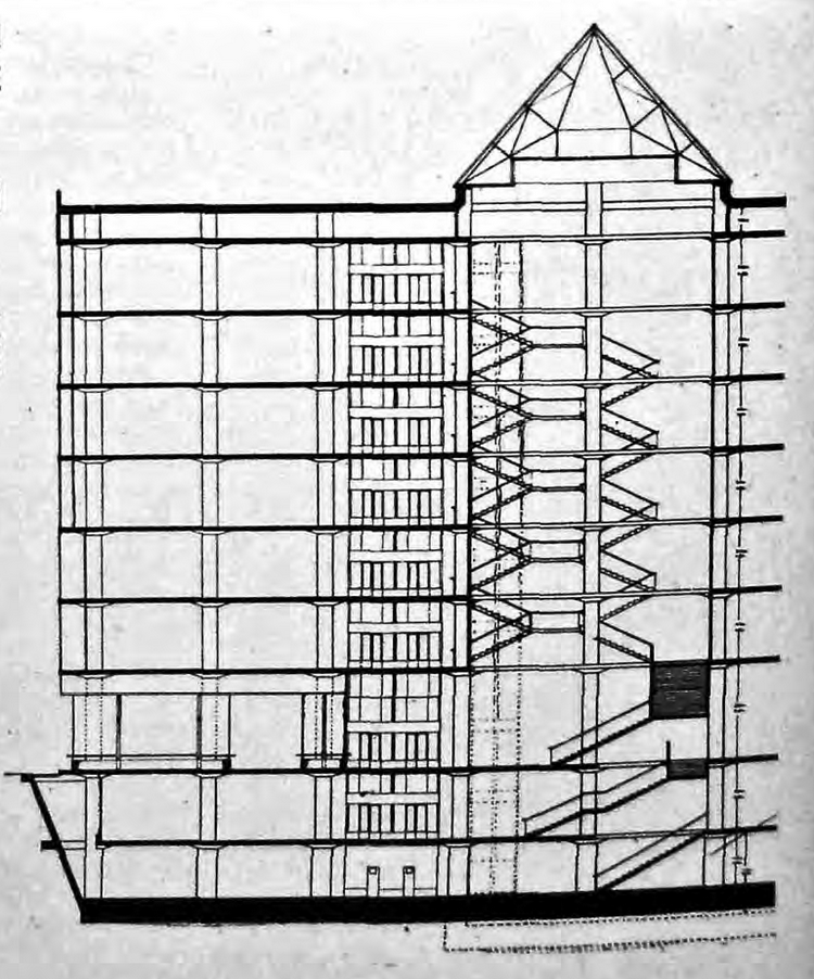 Проект нового здания универмага в Москве. Архитекторы В. А. и А. А. Веснины. 1925