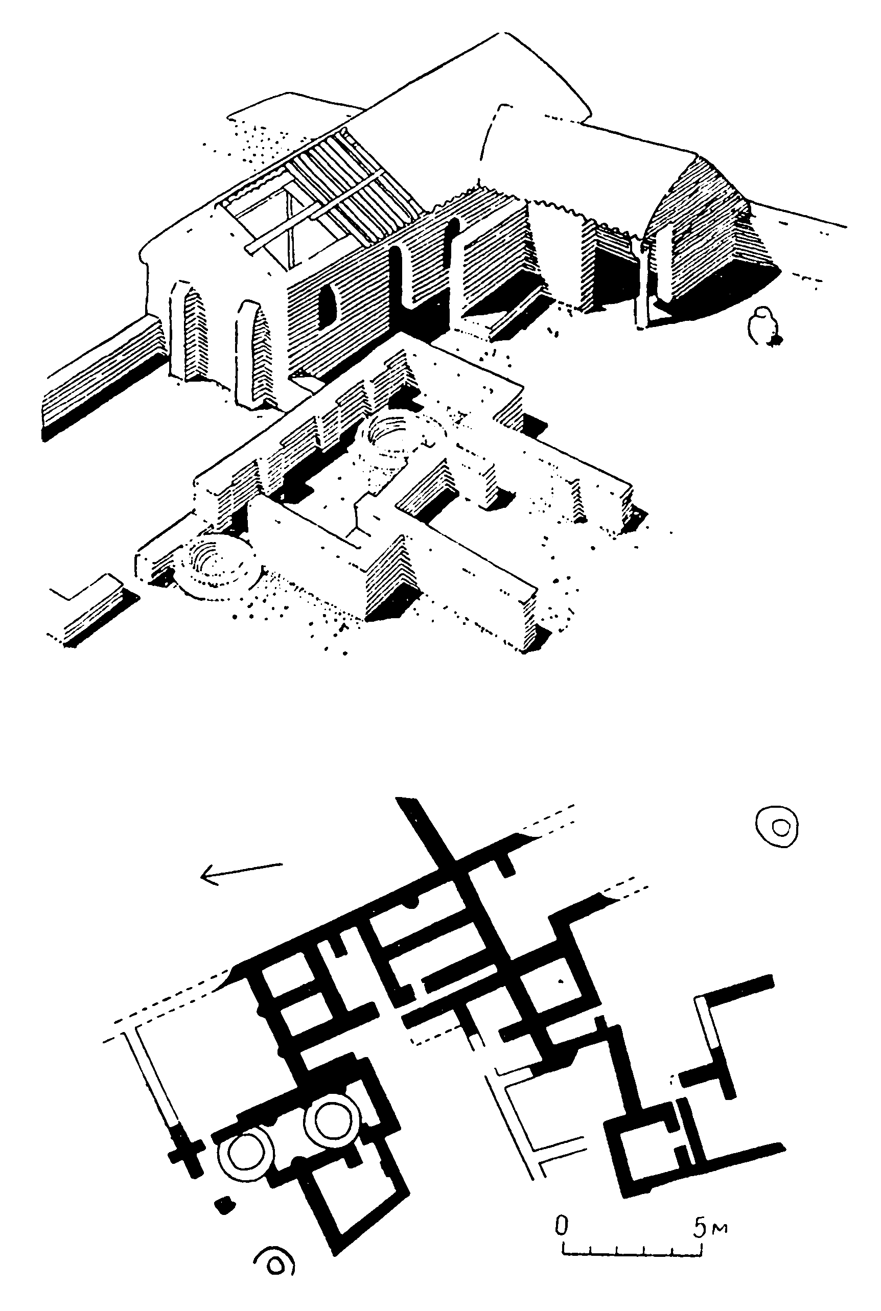 3. Хассуна. Жилой дом, V тысячелетие до н. э. Общий вид (реконструкция) и план