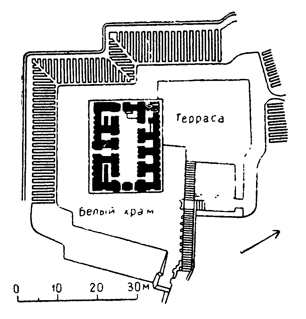 5. Урук. Белый храм, конец IV тысячелетия до н. э. Общий вид руин и план