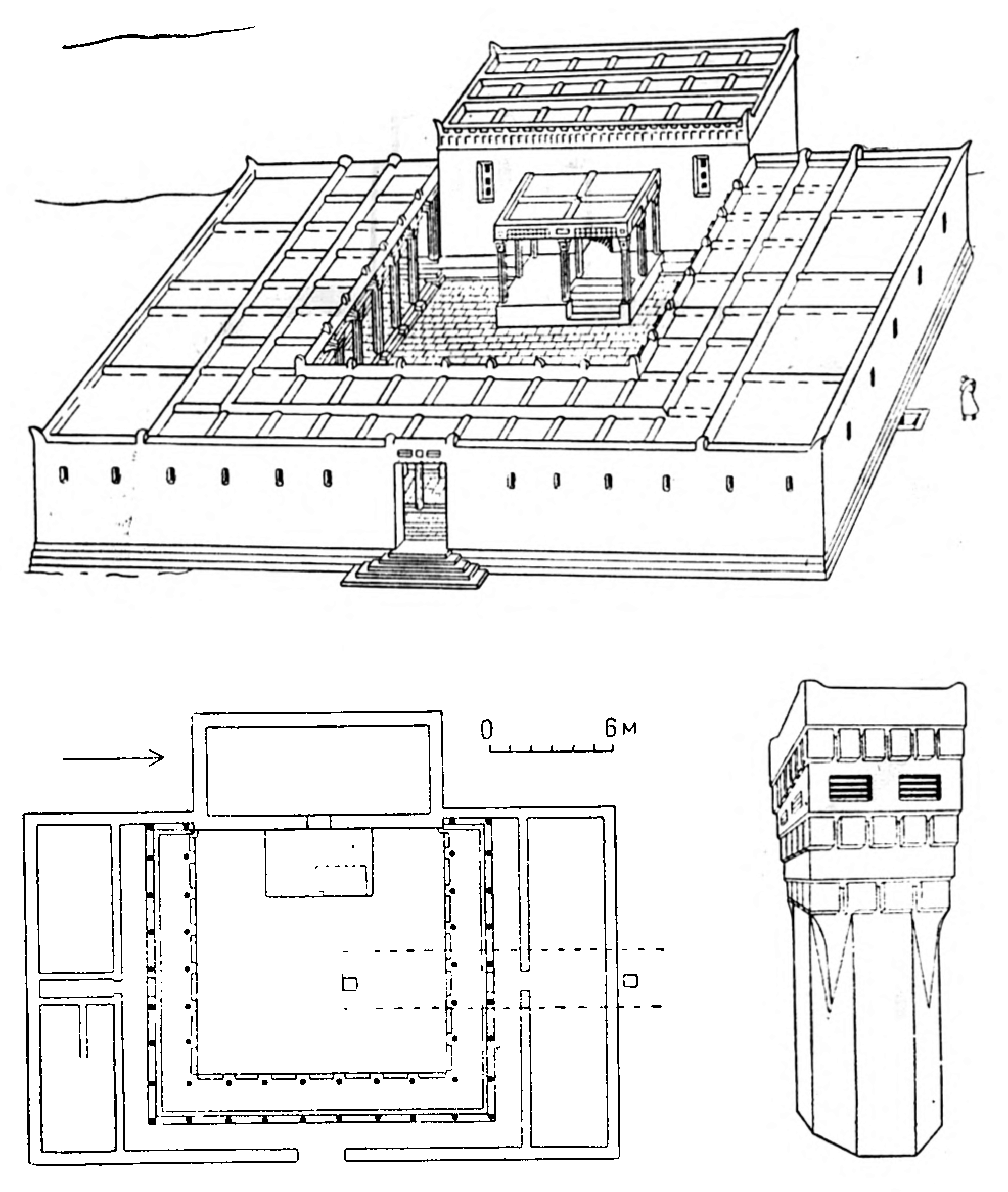 2. Хукка. Храм. Общий вид (реконструкция); план, капитель колонны