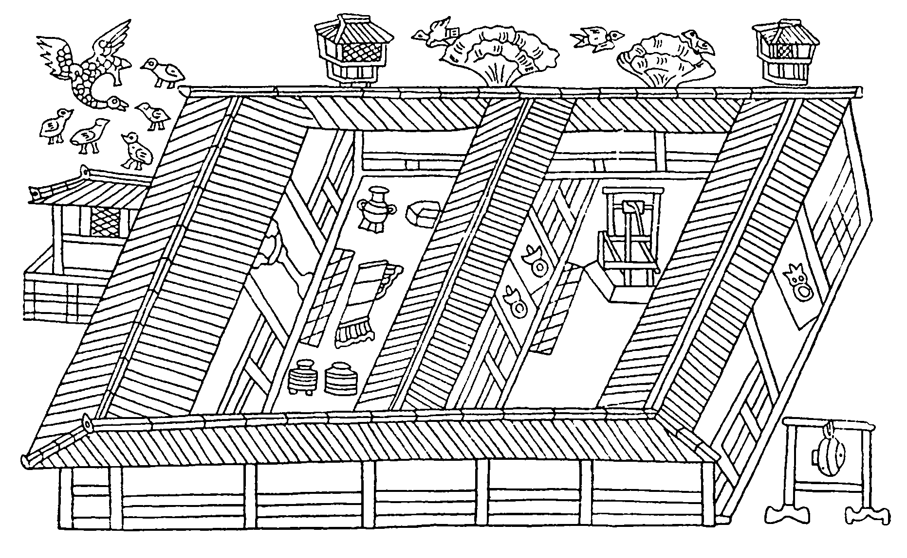 7. Шаньдун, провинция. Изображение жилой постройки типа «сыхэюань» в погребении Инань, II в. н. э.