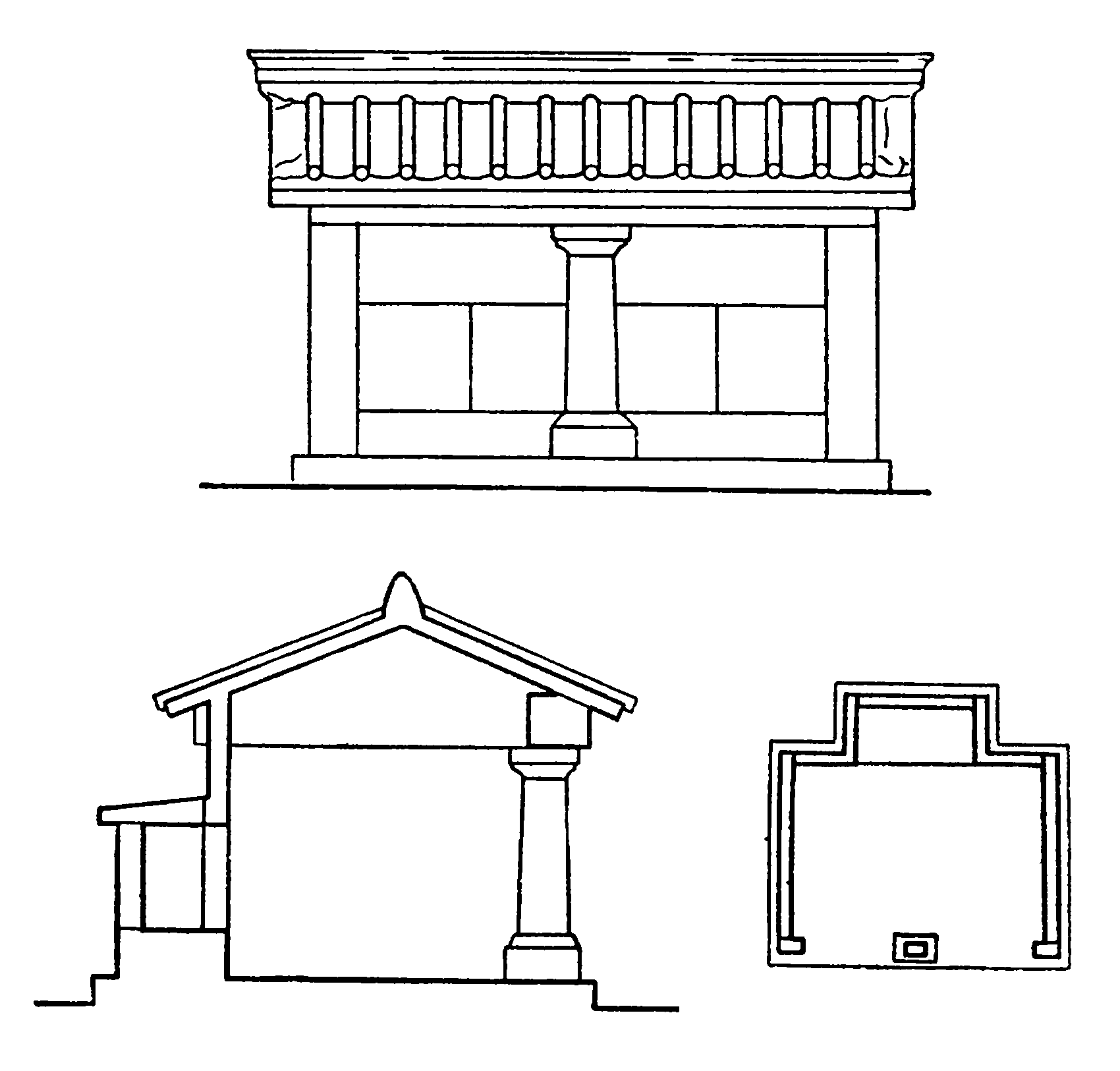 13. Шаньдун, провинция. Храм перед погребением, II в. Фасад, разрез и план