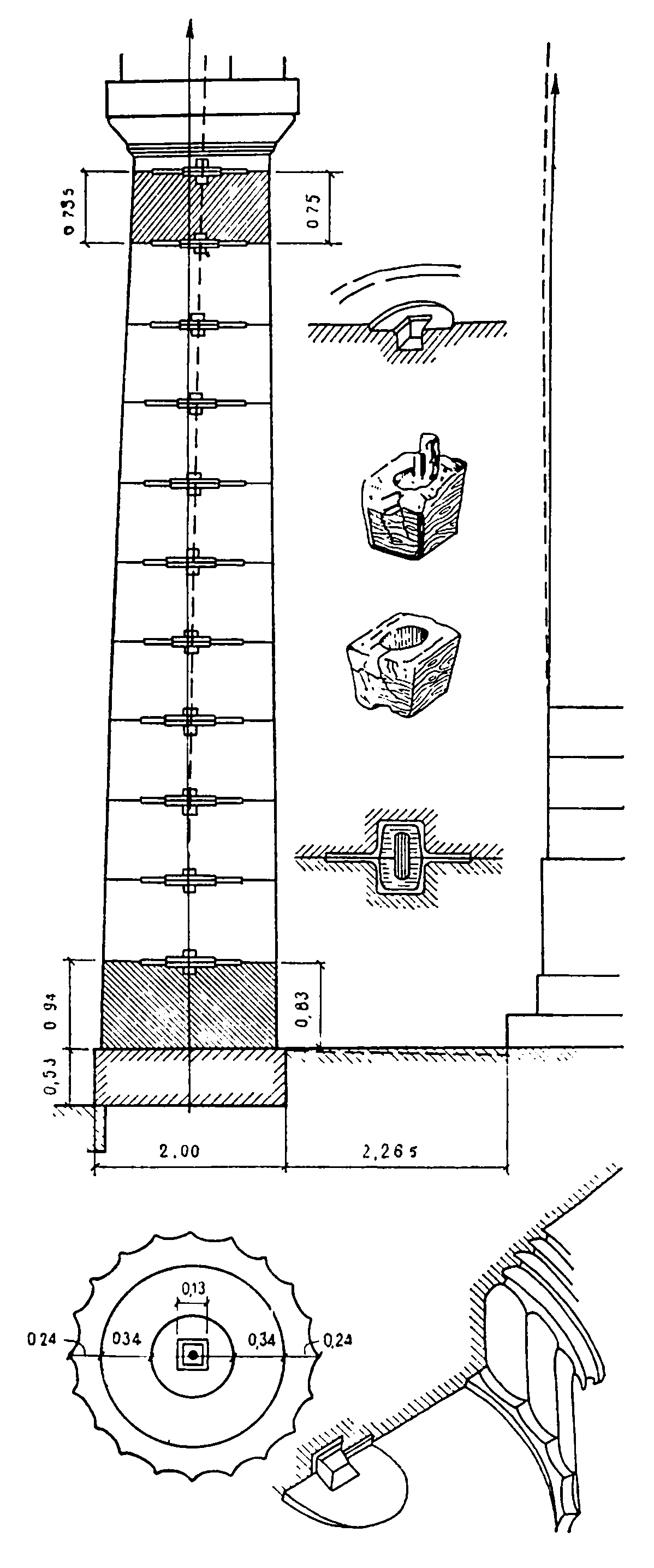 3. Схема конструкции угловой наклонной колонны, соединение барабанов ствола посредством деревянных штырей с муфтами (Парфенон) и притеска камней по периметру