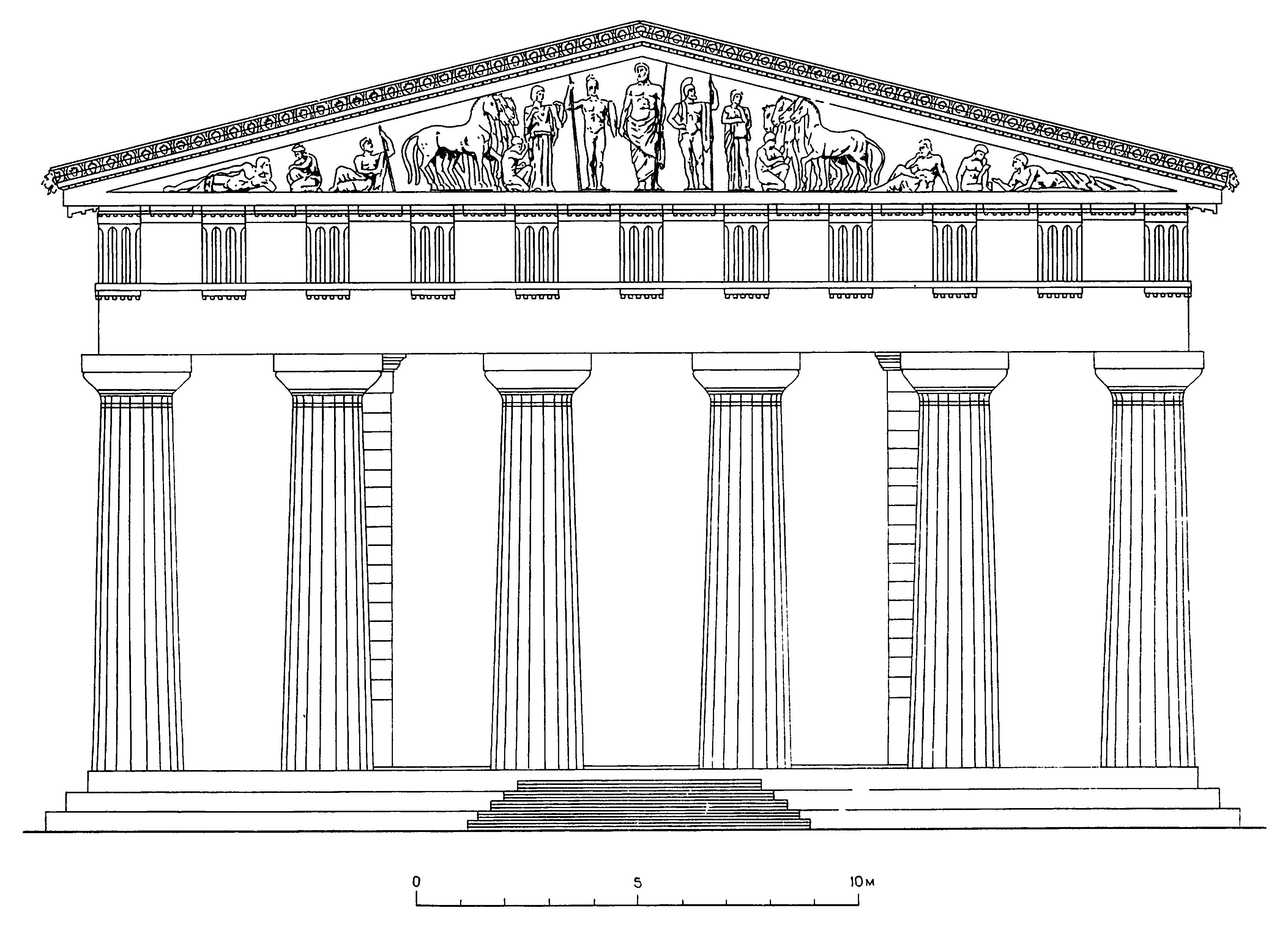 21. Олимпия. Храм Зевса. Вид руин и восточный фасад (реконструкция)