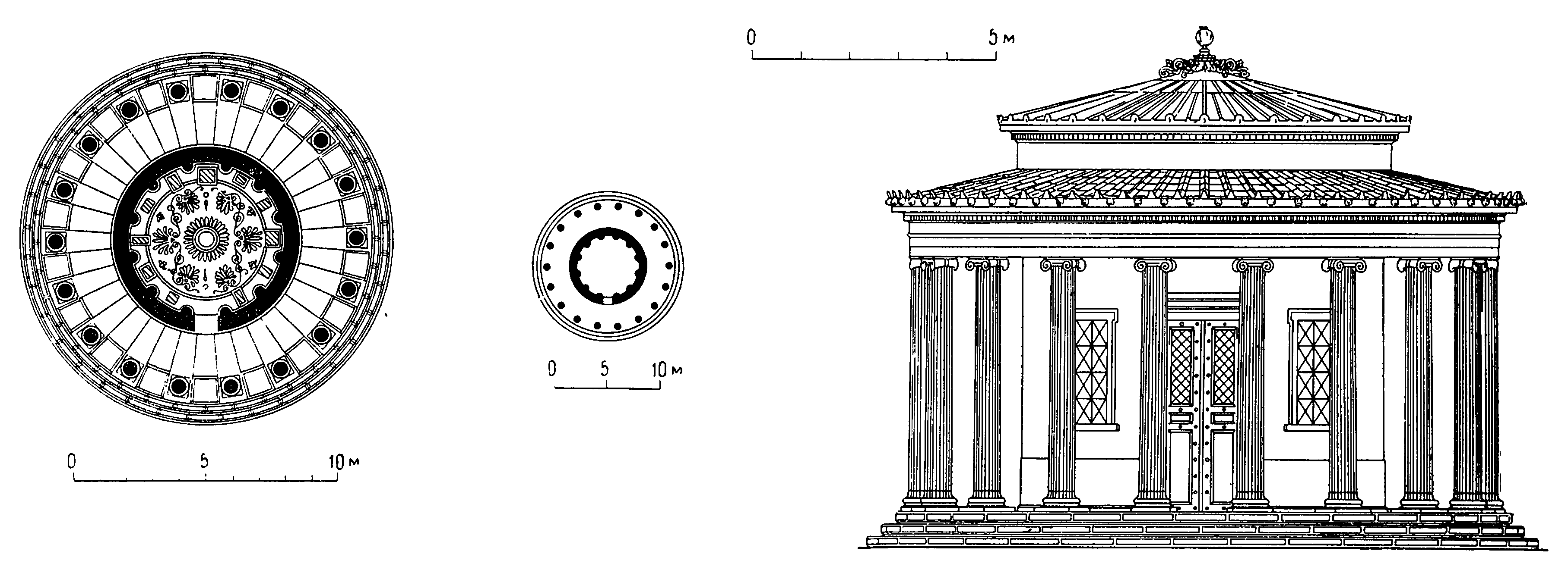 17. Олимпия. Филиппейон, после 338 г. до н. э. Планы (детальный и схематический), фасад