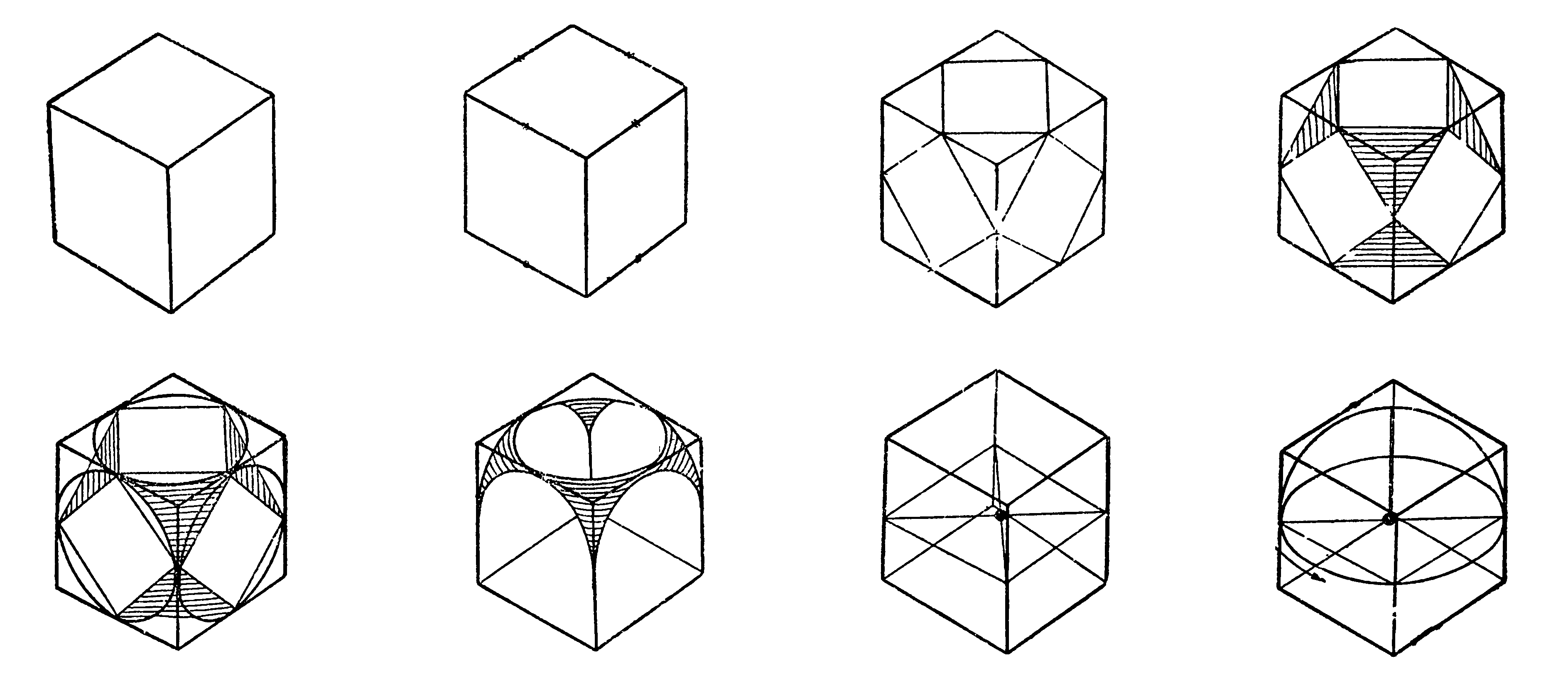 25. Построение кубоктаэдра (вверху) и его основные свойства (внизу)