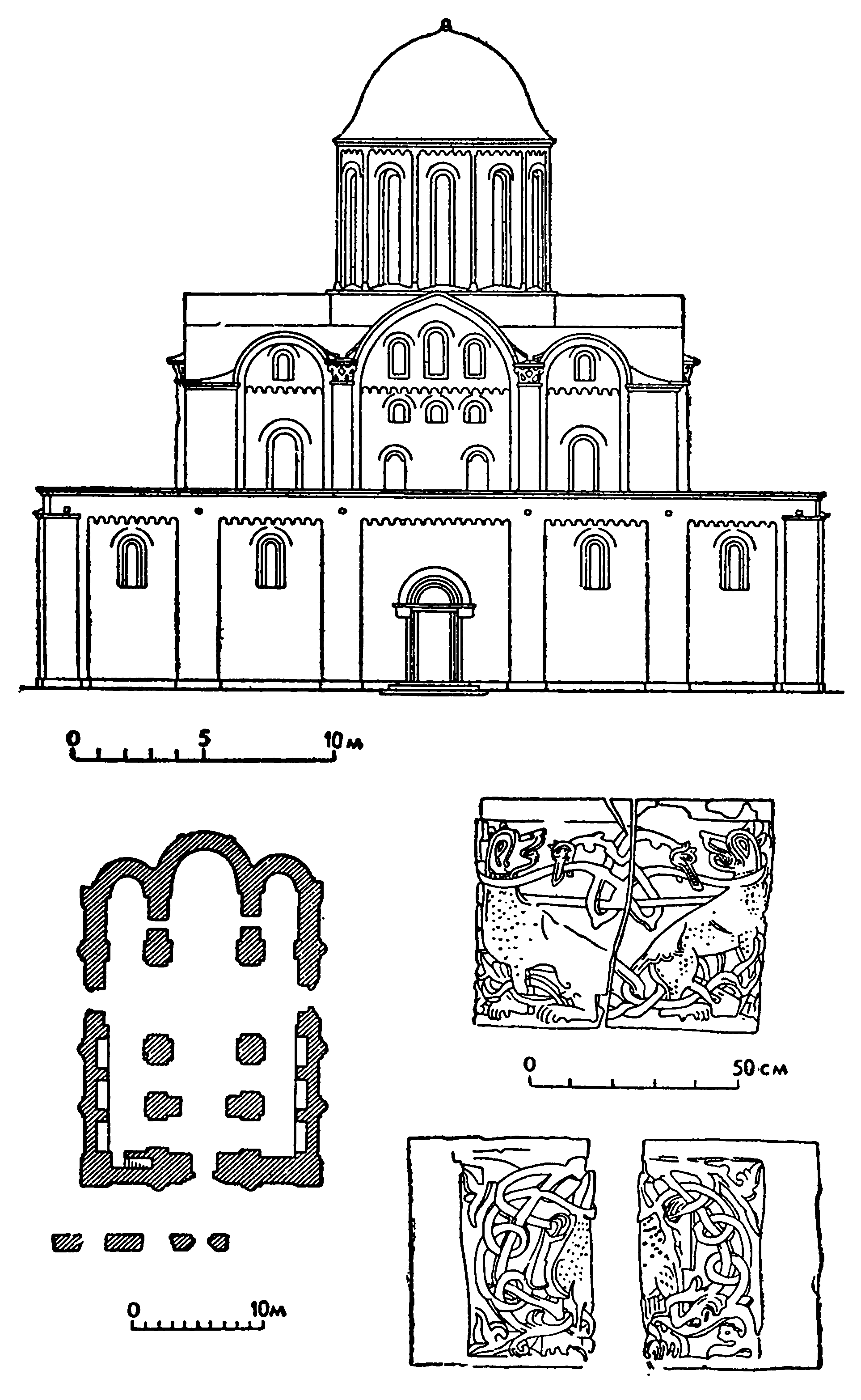 7. Чернигов. Борисоглебский собор, XII в. (западный фасад, план, капитель из раскопок)