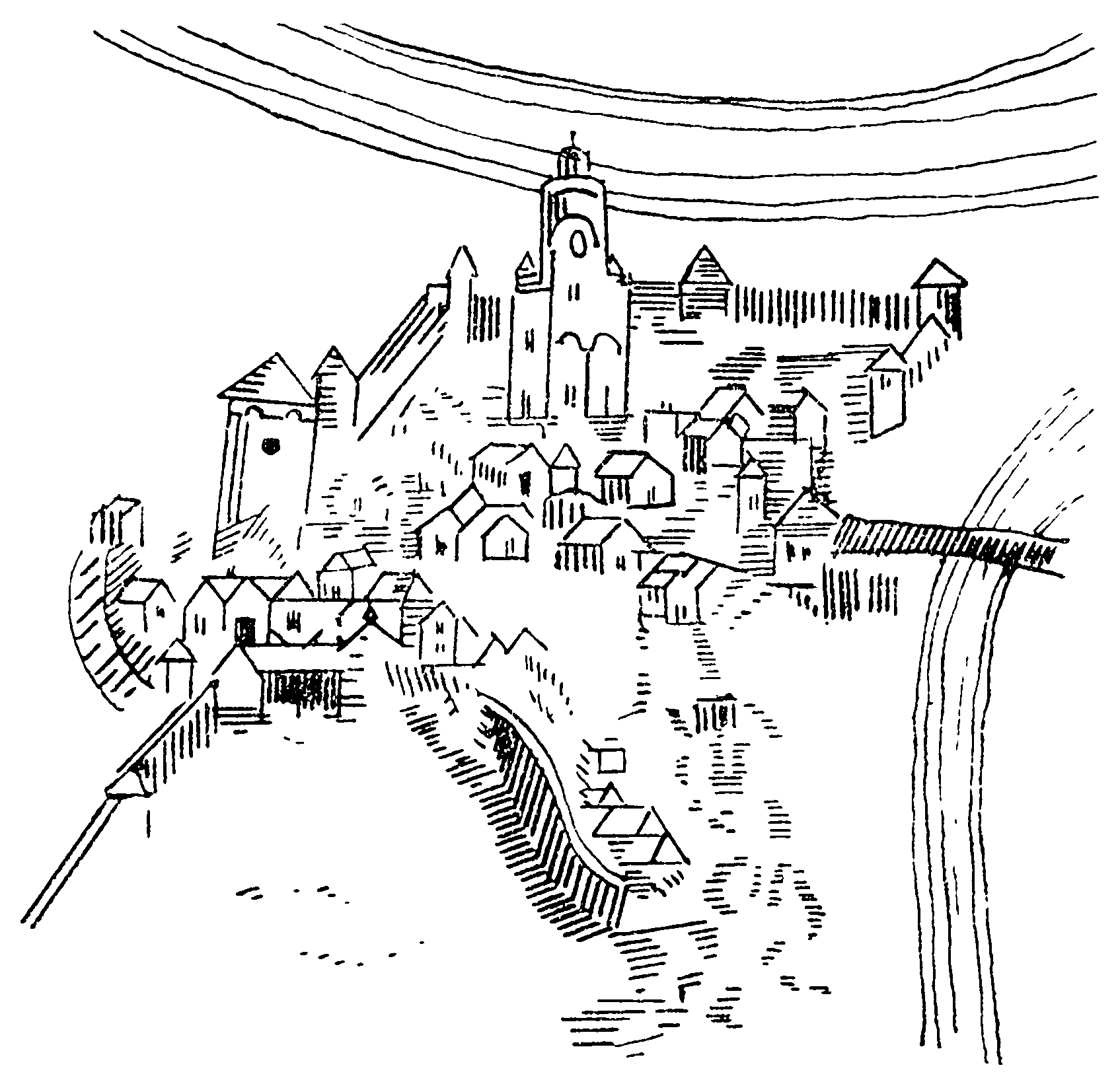4. Полоцк. Фрагмент гравюры 1579 г., слева проезжая каменная башня замка