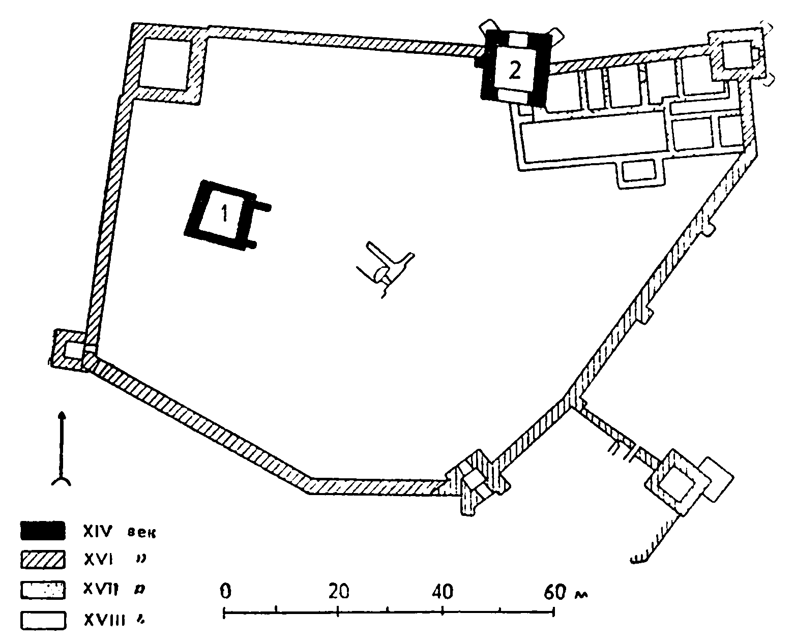 9. Новогрудок. Замок, XIV — начало XVI в. 1 — церковь; 2 — башня