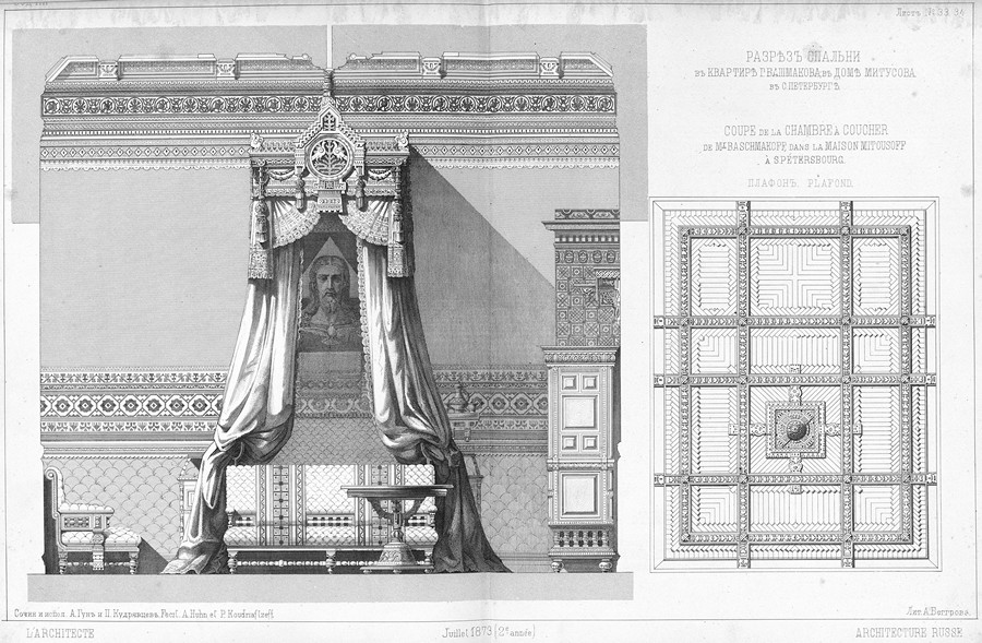 Разрез спальни в квартире г. Башмакова в доме Митусова в С.-Петербурге. Плафон. Сочин. и испол. А. Гун и П. Кудрявцев. Журнал «Зодчий» за 1873 год, листы 33—34