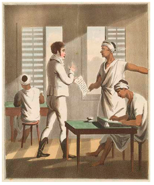 A European officer and Indian clerks at a cutcherry, nineteenth century. Drawn by Charles D'Oyly, Plate III, from D'Oyly, The European in India: From a Collection of Drawings by Charles Doyley, Esq. (1813, hand colour on aquatint). © British Library Board (V 10573, Plate III)