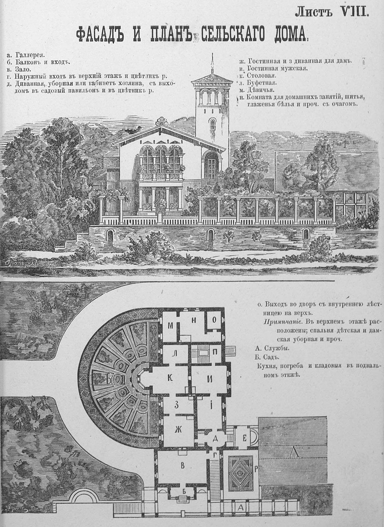 Лист VIII. Фасад и план сельского дома
