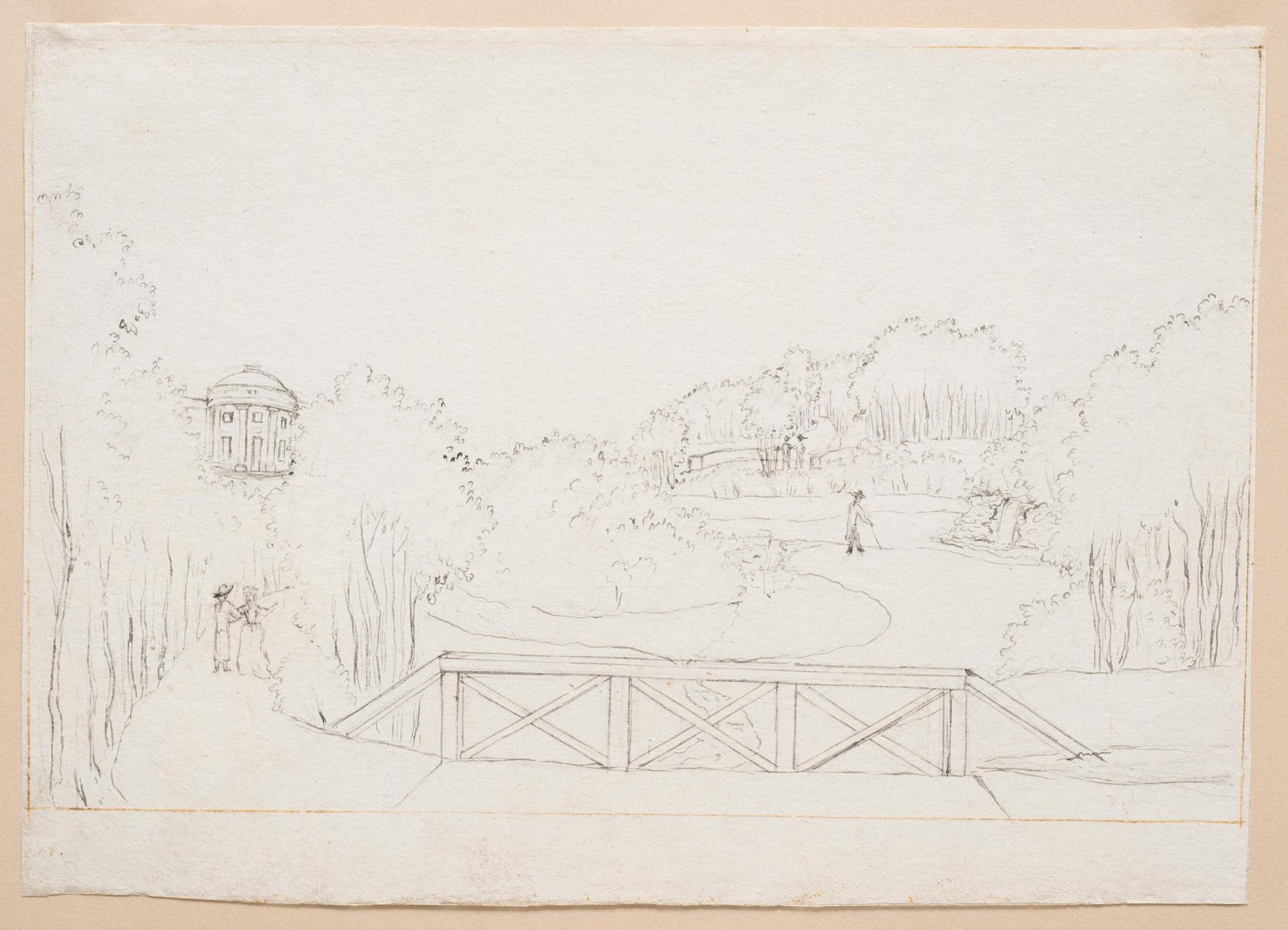Вид Богородицкого парка от деревянного мостка с садовым павильоном на дальнем плане. Лист из альбома «Виды имения Бобринских Богородицк». 1786—1787 гг.