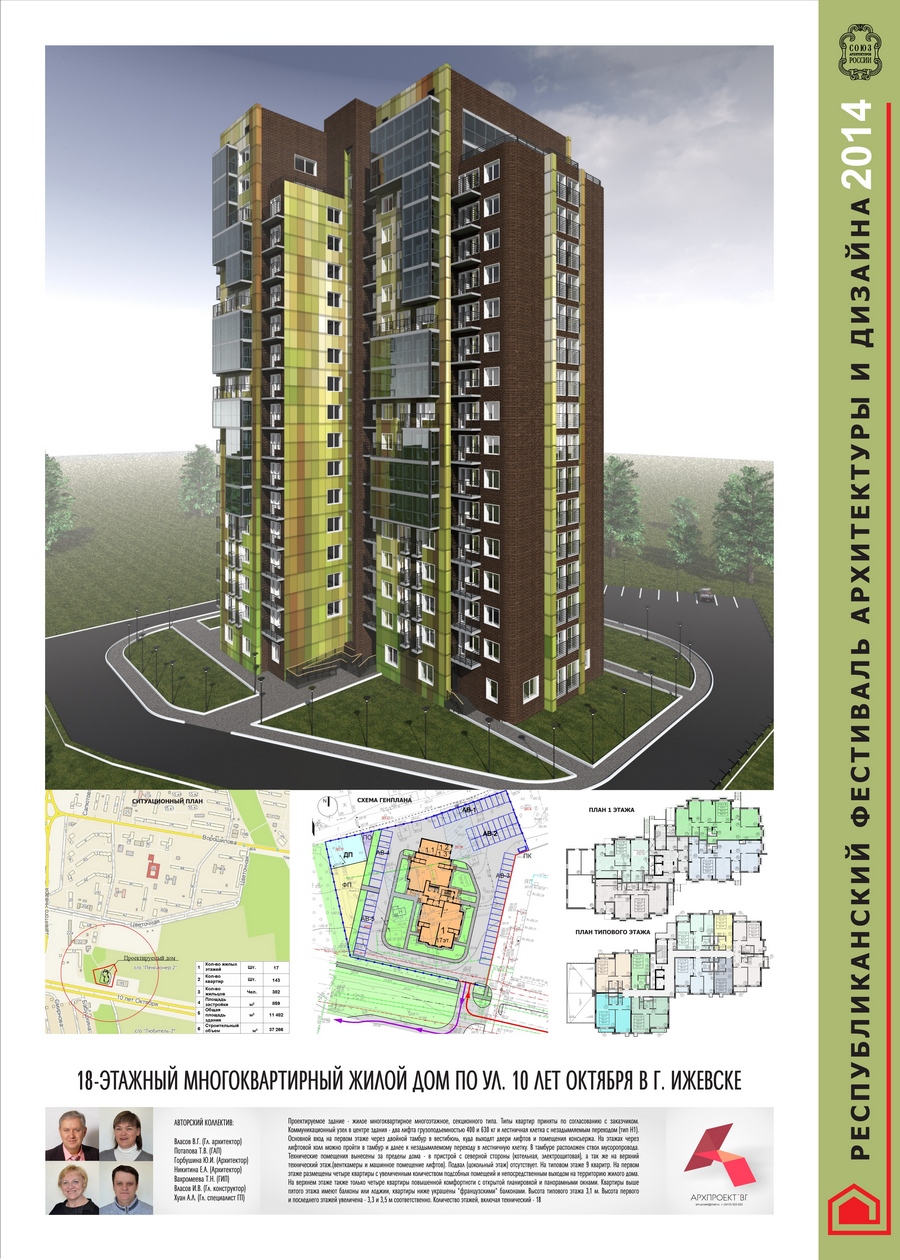 Диплом І степени — «Градопроект» в номинации «Жилые дома» за 18-этажный многоквартирный жилой дом по ул. 10 лет Октября в Ижевске