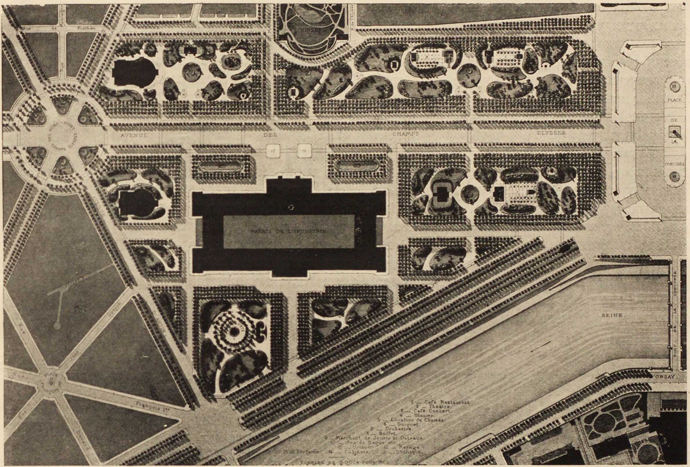 Планировка Елисейских полей и прилегающего района в период работ Оссмана. Aménagement du quartier des Champs Élysées en 1855