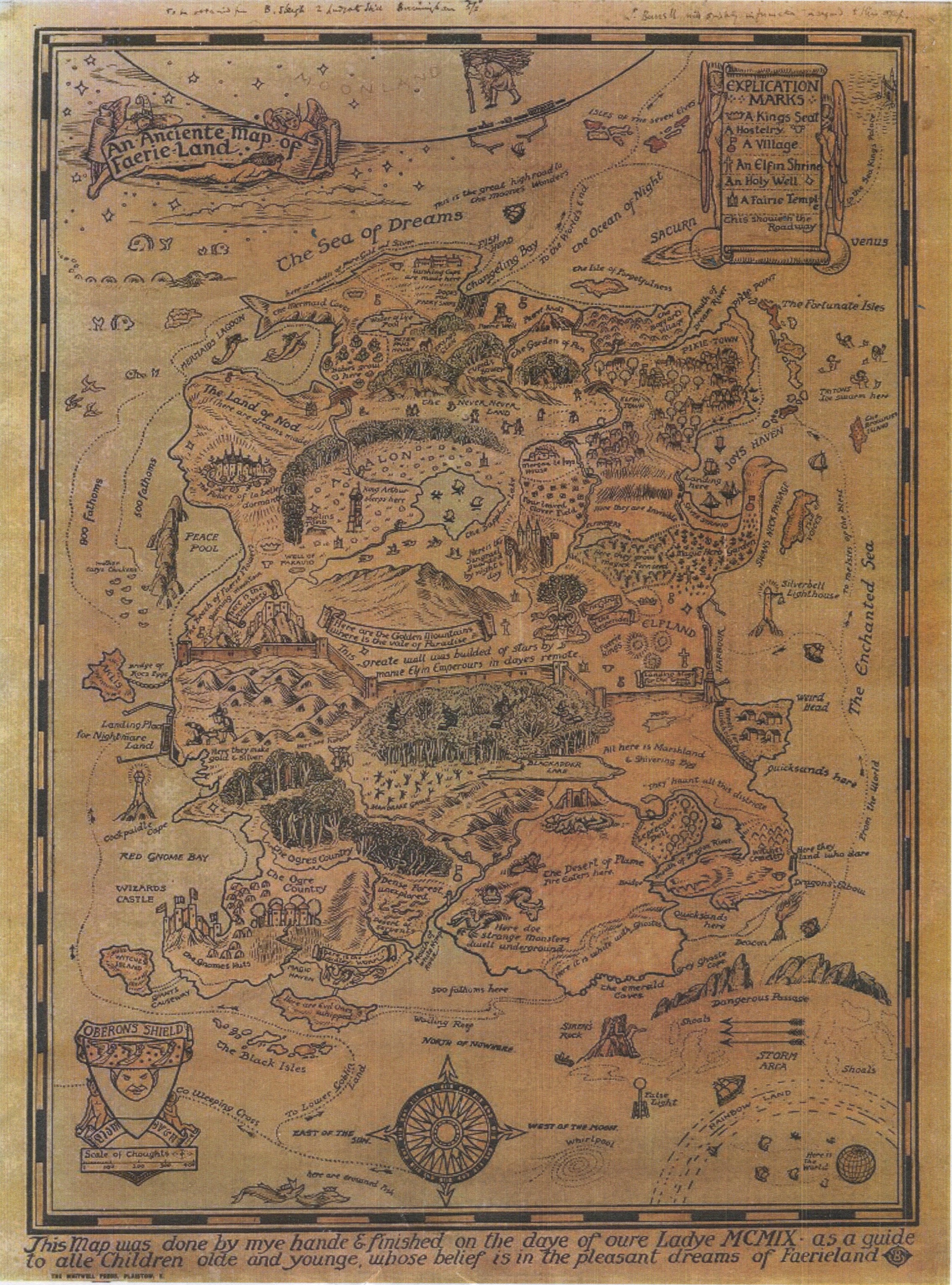 Bernard Sleigh's first draft of the Anciente Mappe of Fairyland, drawn 25 March 1909