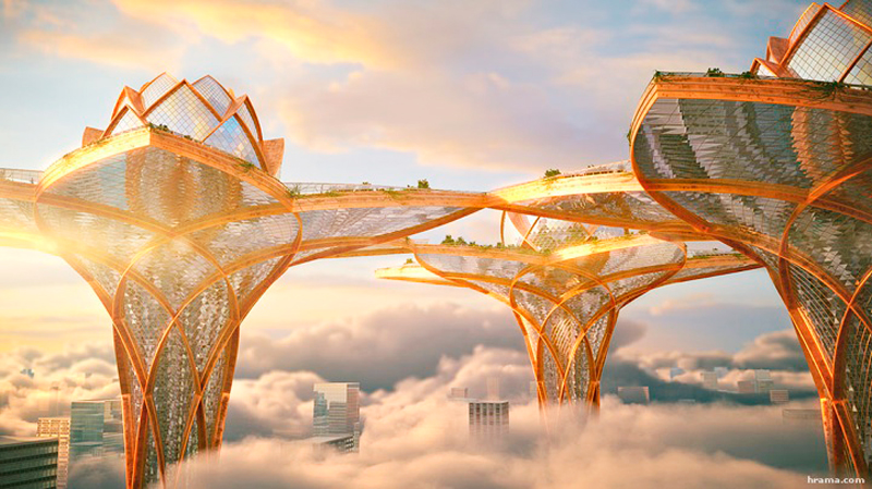 City in the Sky: футуристические здания-лотосы фото в облаках