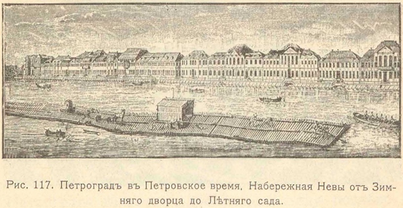 Рис. 117. Петроград в Петровское время. Набережная Невы от Зимнего дворца до Летнего сада.