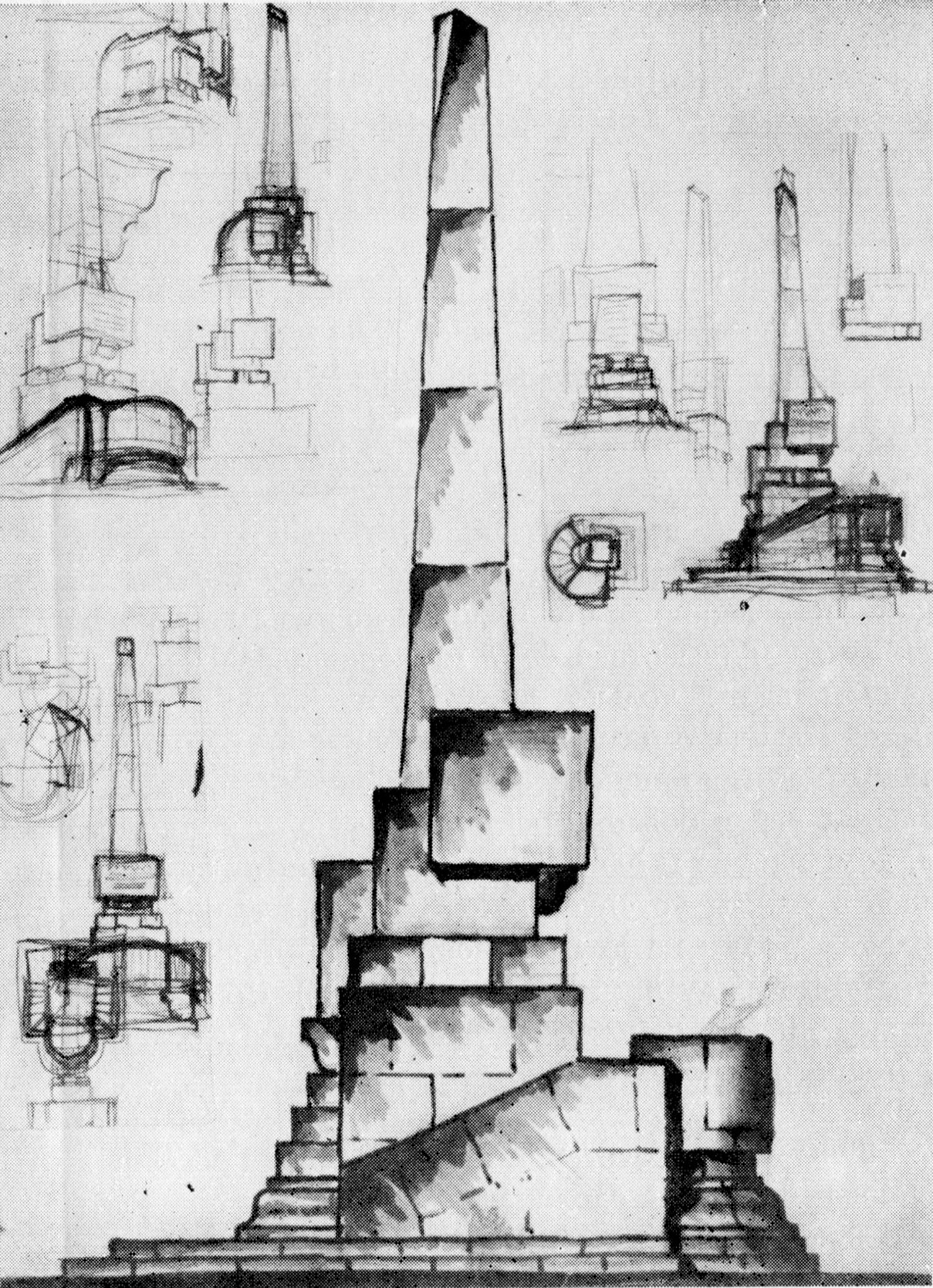 Эскизы памятника в виде обелиска с трибуной