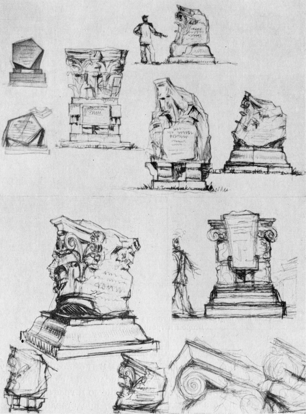 Эскизы надгробного памятника арх. И. А. Фомину. 1937 г. Первый лист