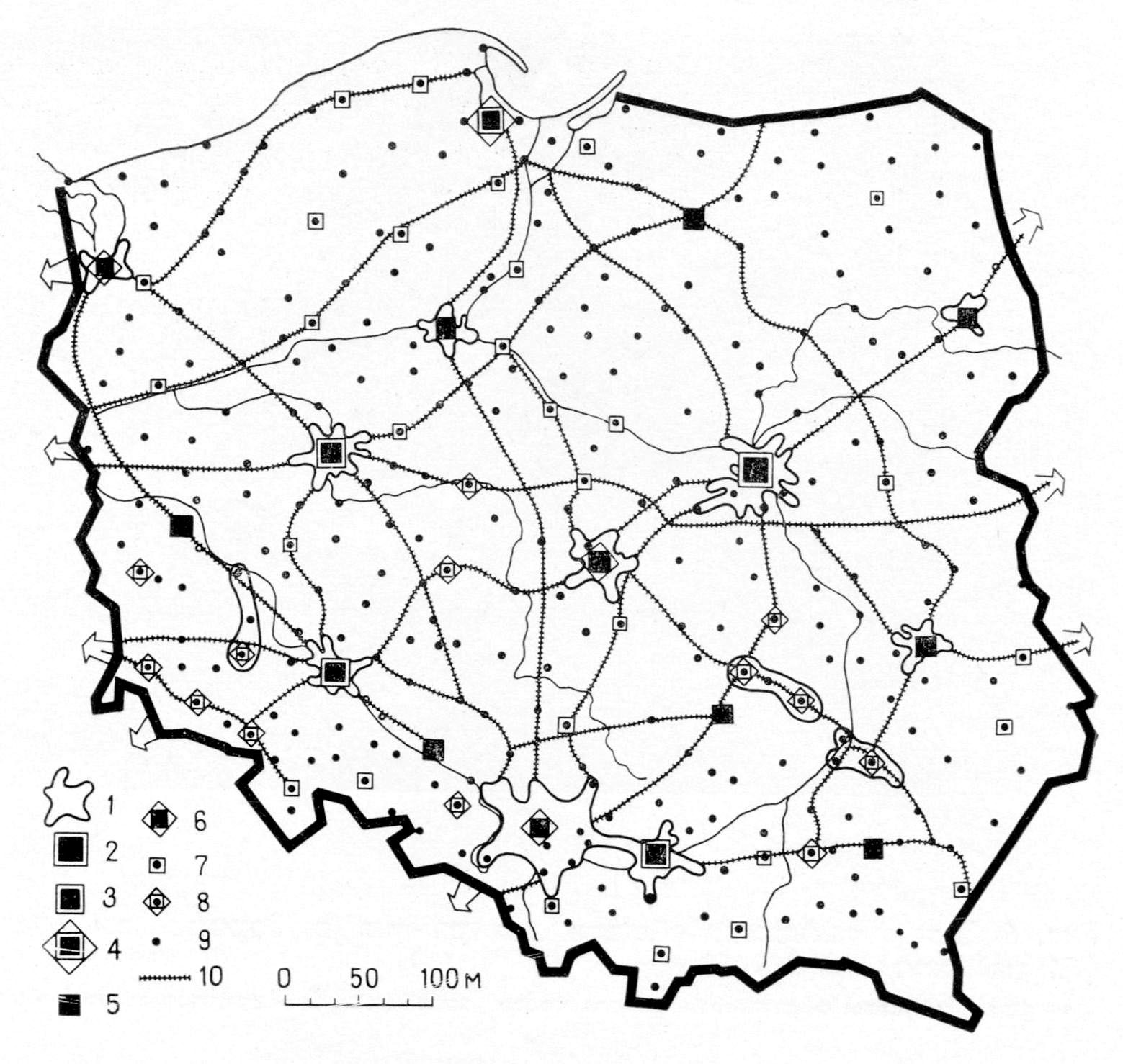 Система городских центров и агломераций в Польше в 1965 г.