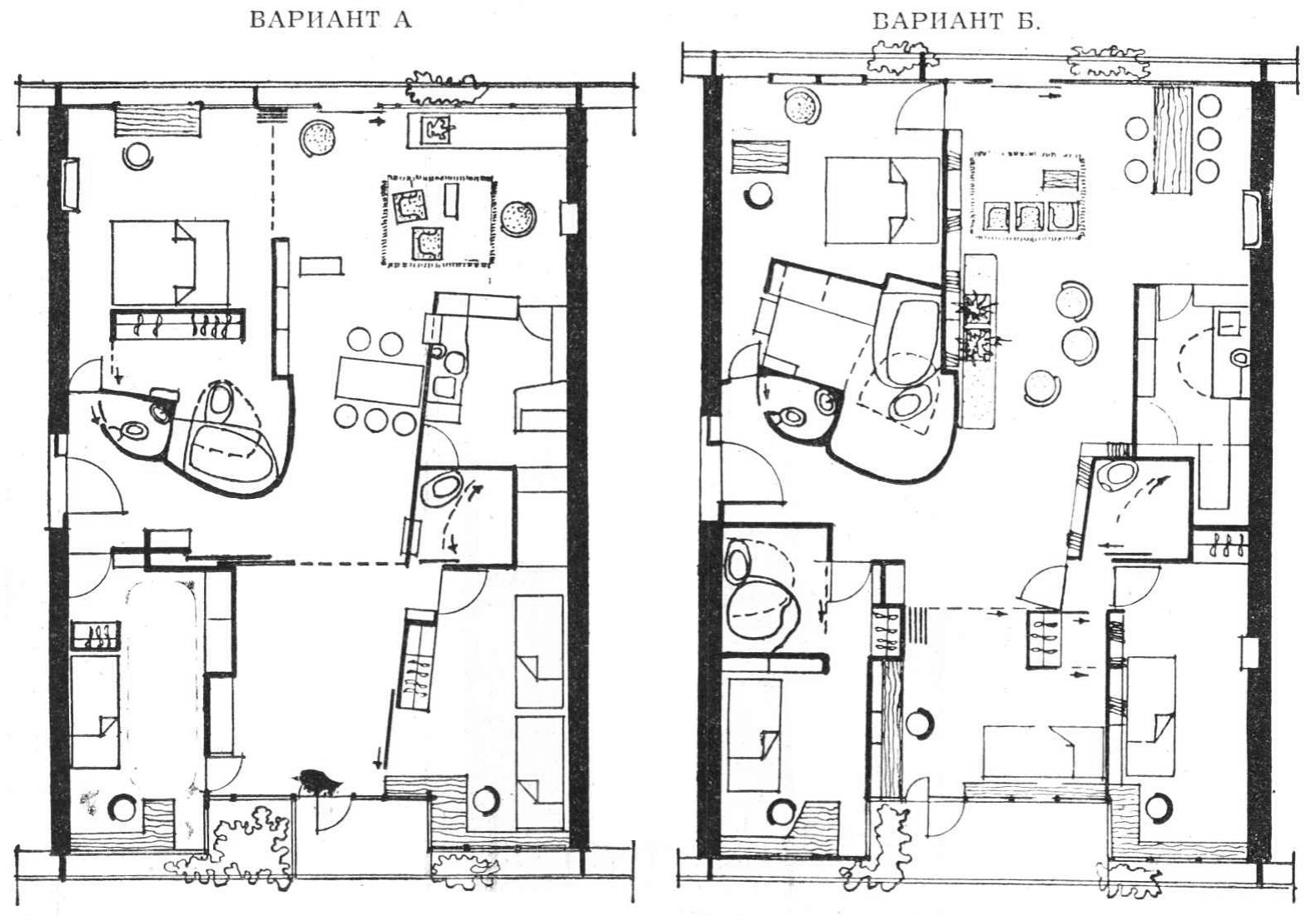 Рис. 2. Планы квартиры с полностью свободной планировкой. (Проект группы французских архитекторов).