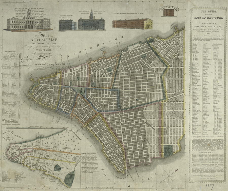 Карта и сравнительные планы, показывающие рост города Нью-Йорка в течение 88 лет — с 1729 по 1817
