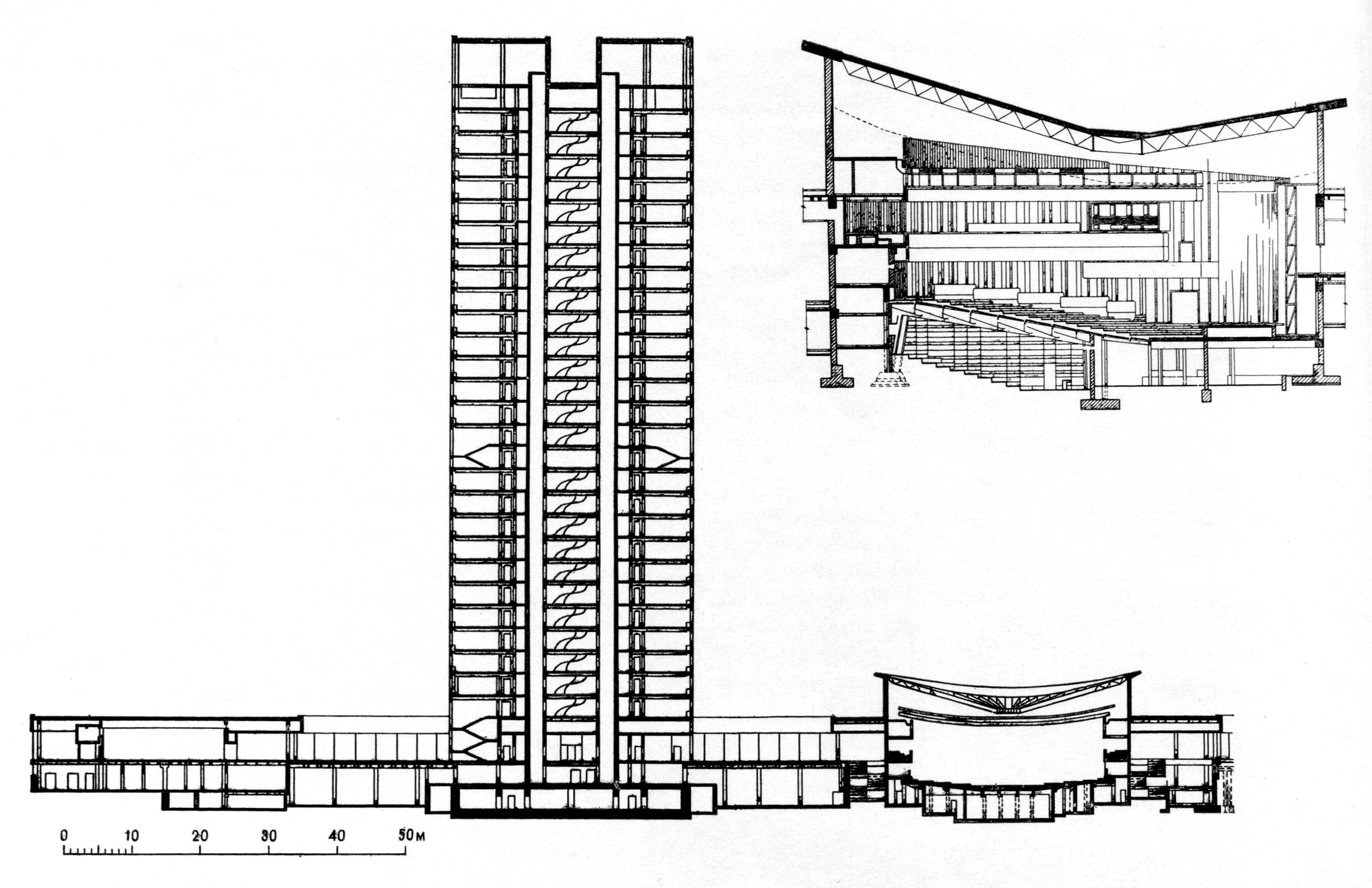 Поперечный разрез высотной части и стилобата административного здания СЭВ Продольный разрез конференц-зала