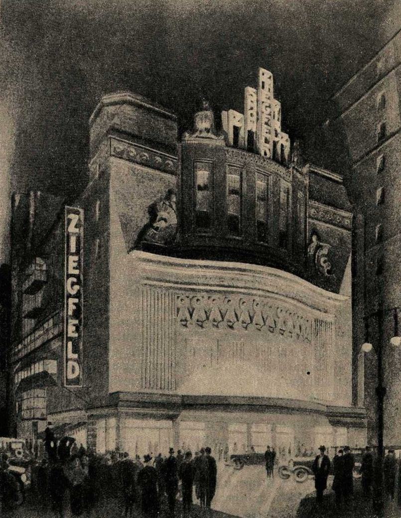 Кино «Зигфельд». Нью-Йорк. Фасад ночью. Архитекторы Т. Ламб и Ж. Урбан