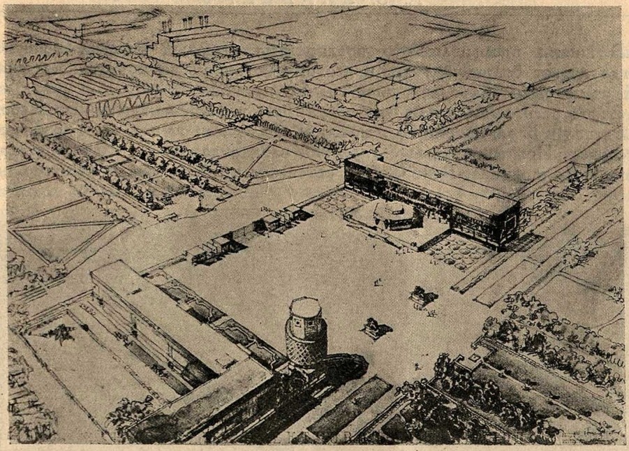 Рис. 20. Входная площадь Каширского электрозавода. Архитекторы А. С. Фисенко и Е. М. Попов