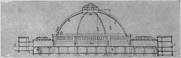 Рис. 16. Железобетонный ребристый купол крытого рынка в Базеле (1929 г.)