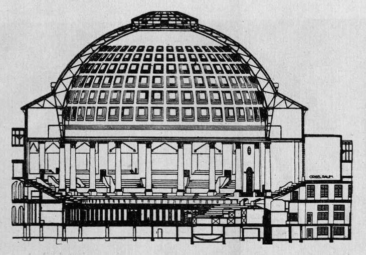 Рис. 35. Металлический рамно-каркасный купол-шатер городского зала в Ганновере (1912 г.)