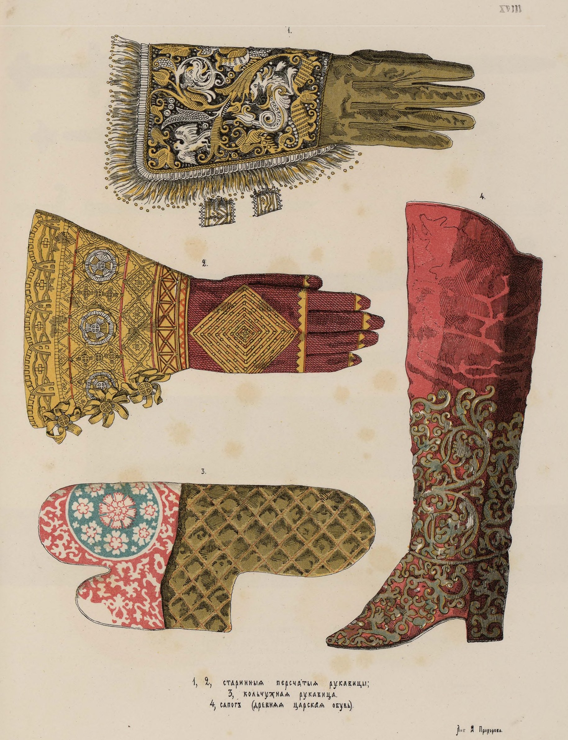 1 и 2. Старинные персчатые рукавицы. 3. Кольчужная рукавица. 4. Сапог (древняя царская обувь).