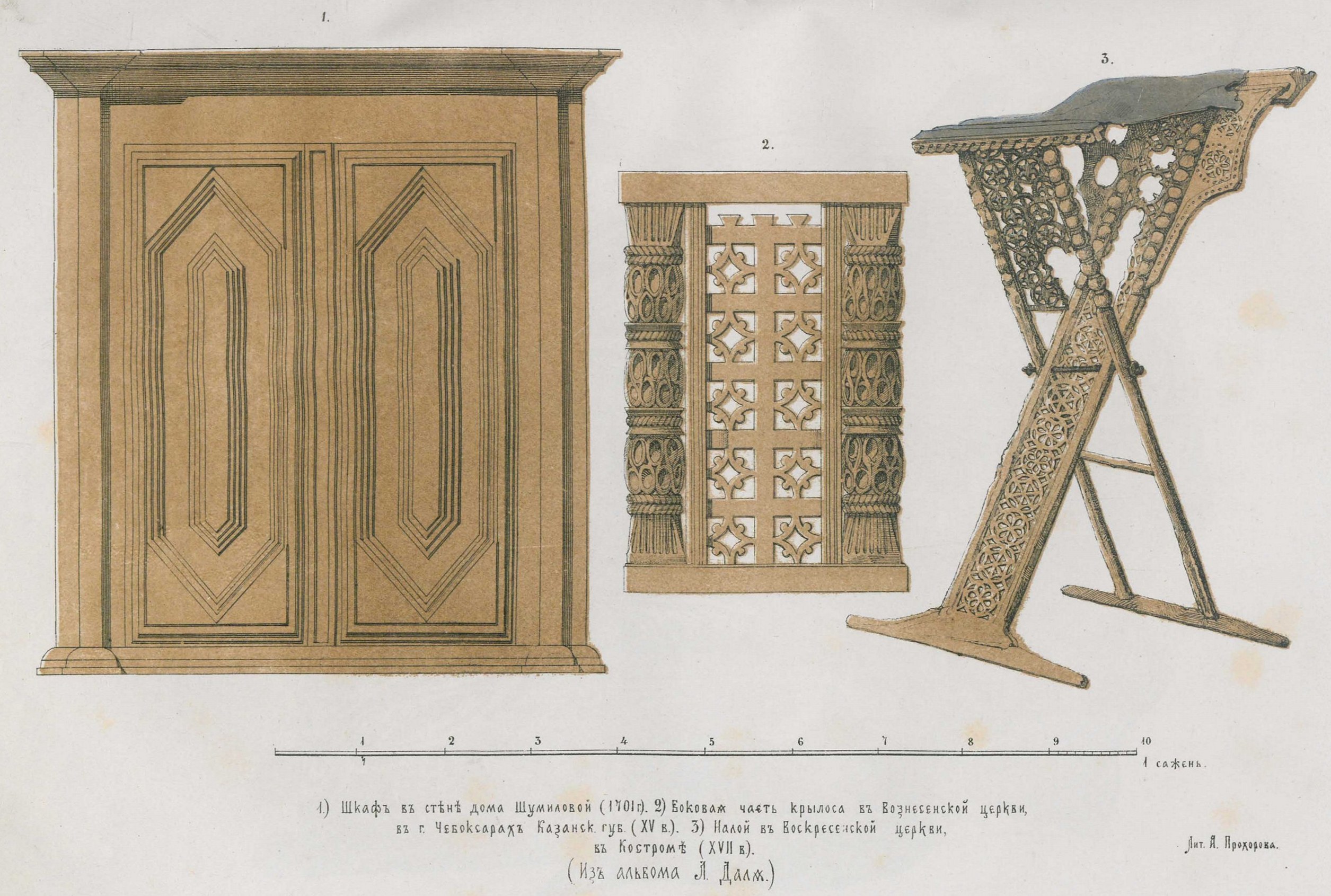 Рисунки древнерусской мебели, рисованной с натуры Л. Далем