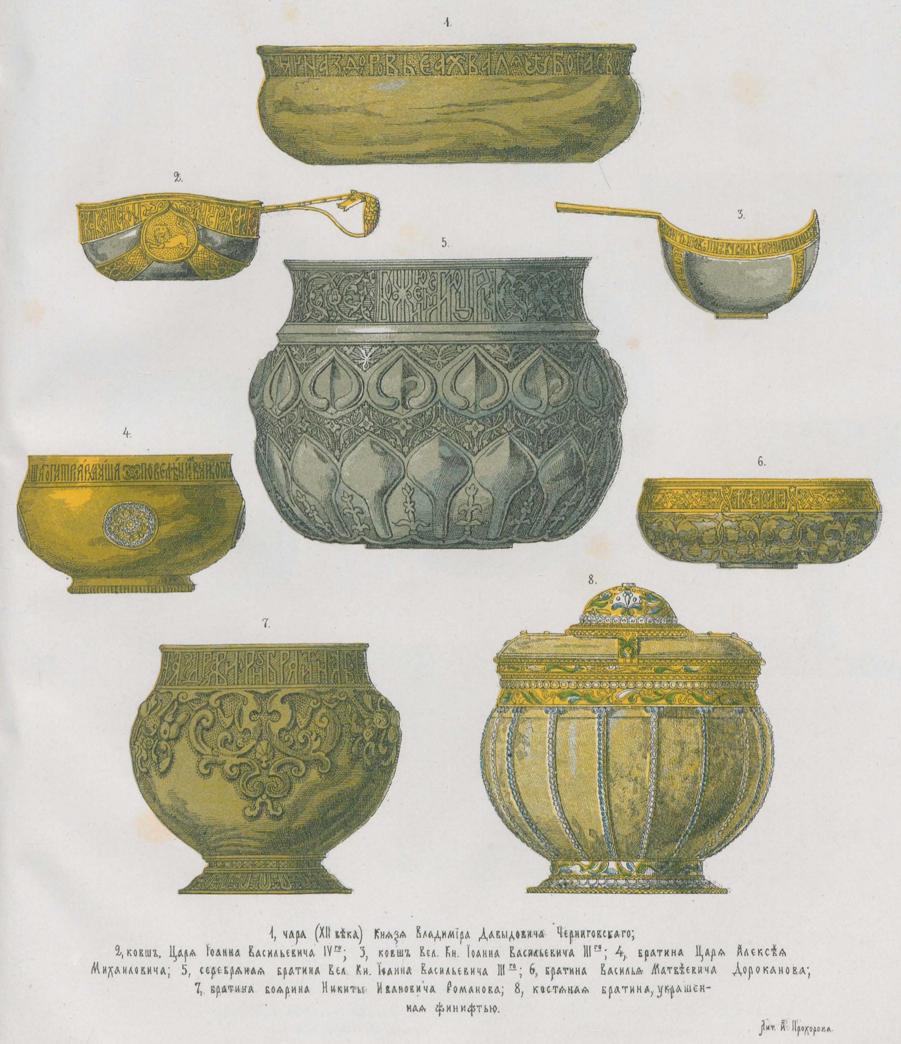Рисунки древней царской утвари серебряной с позолотой и эмалью