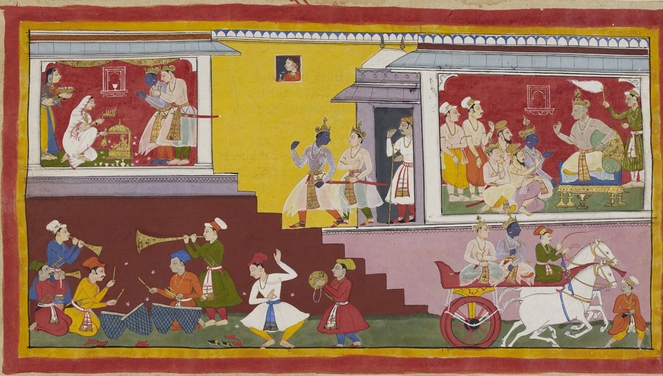 В верхней правой части этой иллюстрации изображен главный герой поэмы — принц Рама, которому его отец, царь Дашаратхи объявляет, что ему предстоит унаследовать престол
